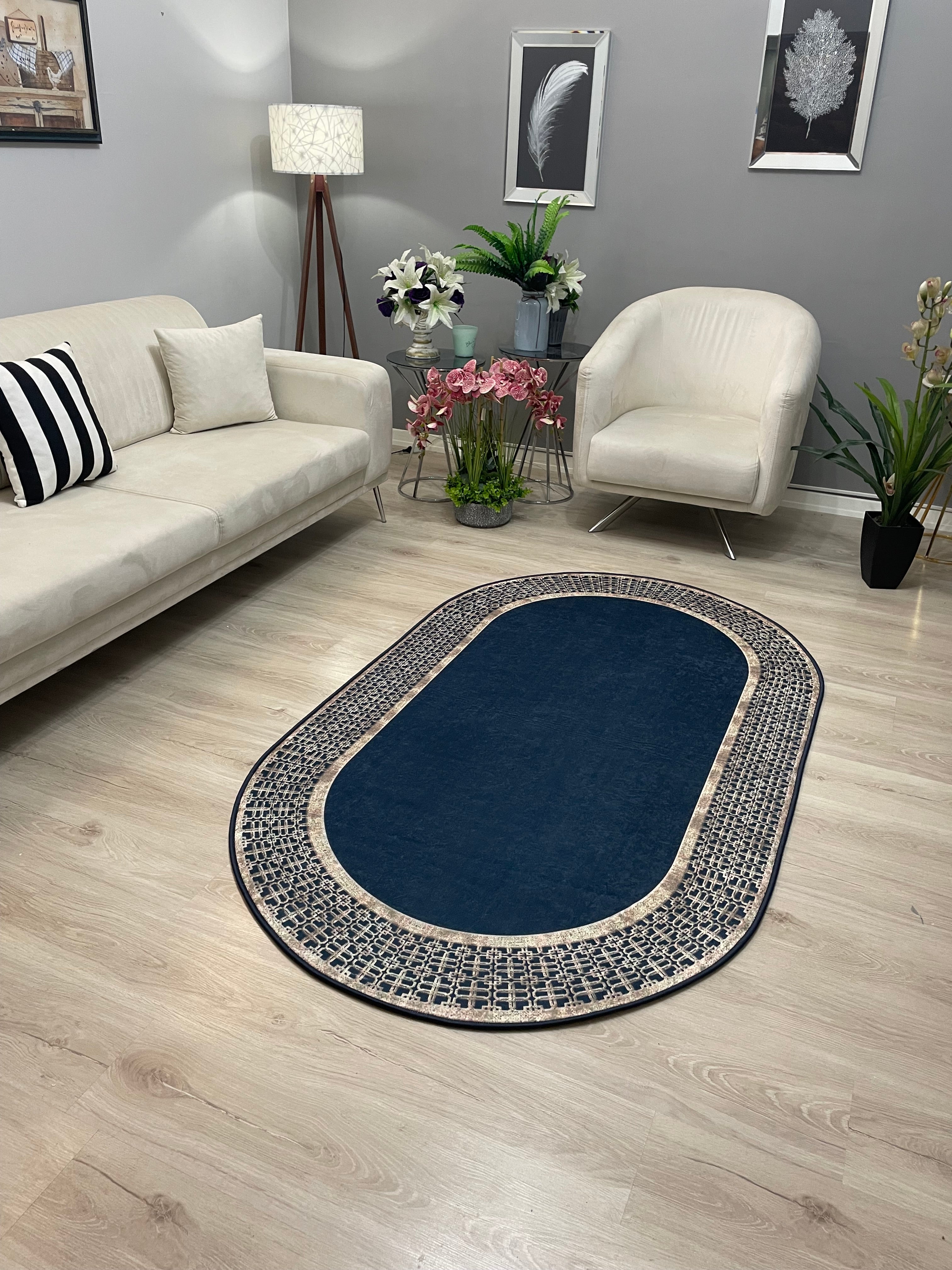 MENARİ BOLD LACİVERT - Kaymaz Deri Taban Makinede Yıkanabilir Salon Oturma Odası Mutfak Halısı