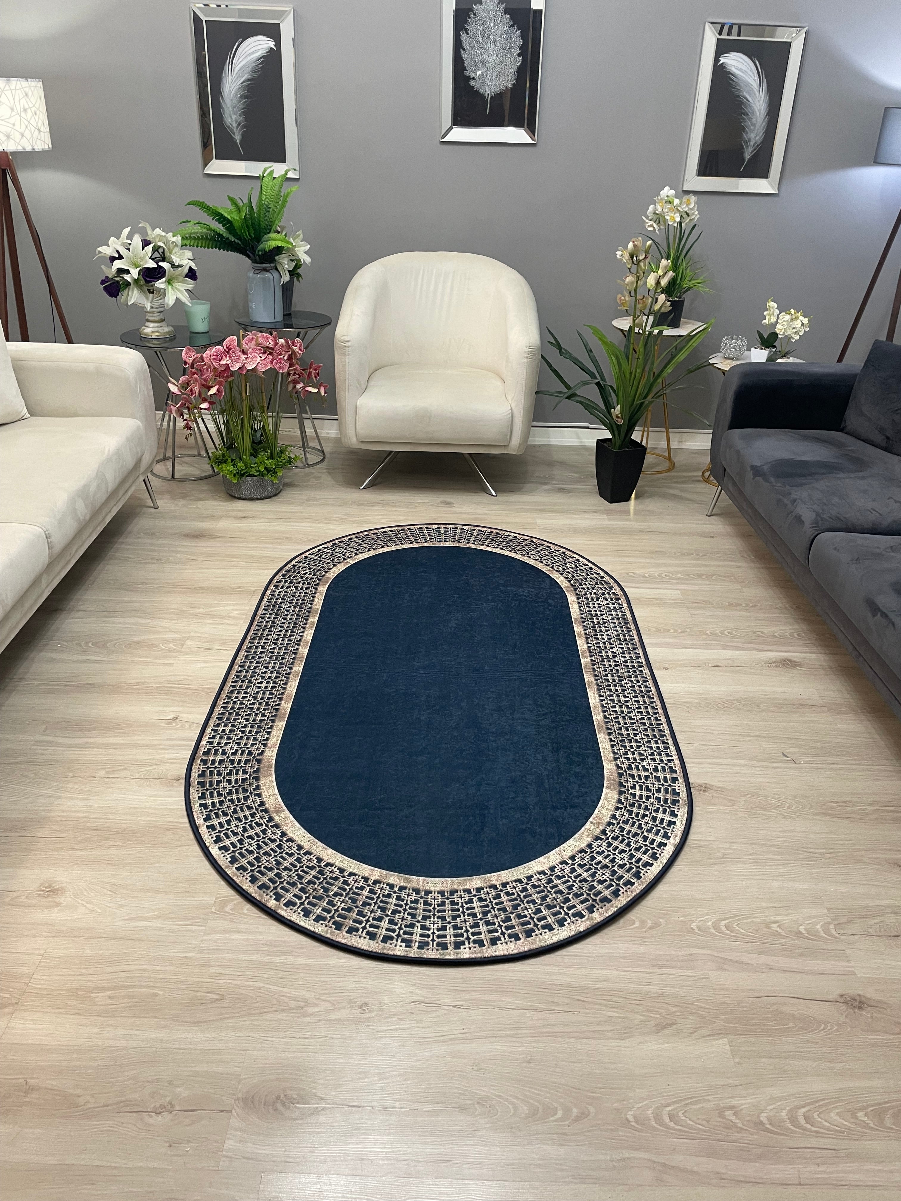 MENARİ BOLD LACİVERT - Kaymaz Deri Taban Makinede Yıkanabilir Salon Oturma Odası Mutfak Halısı