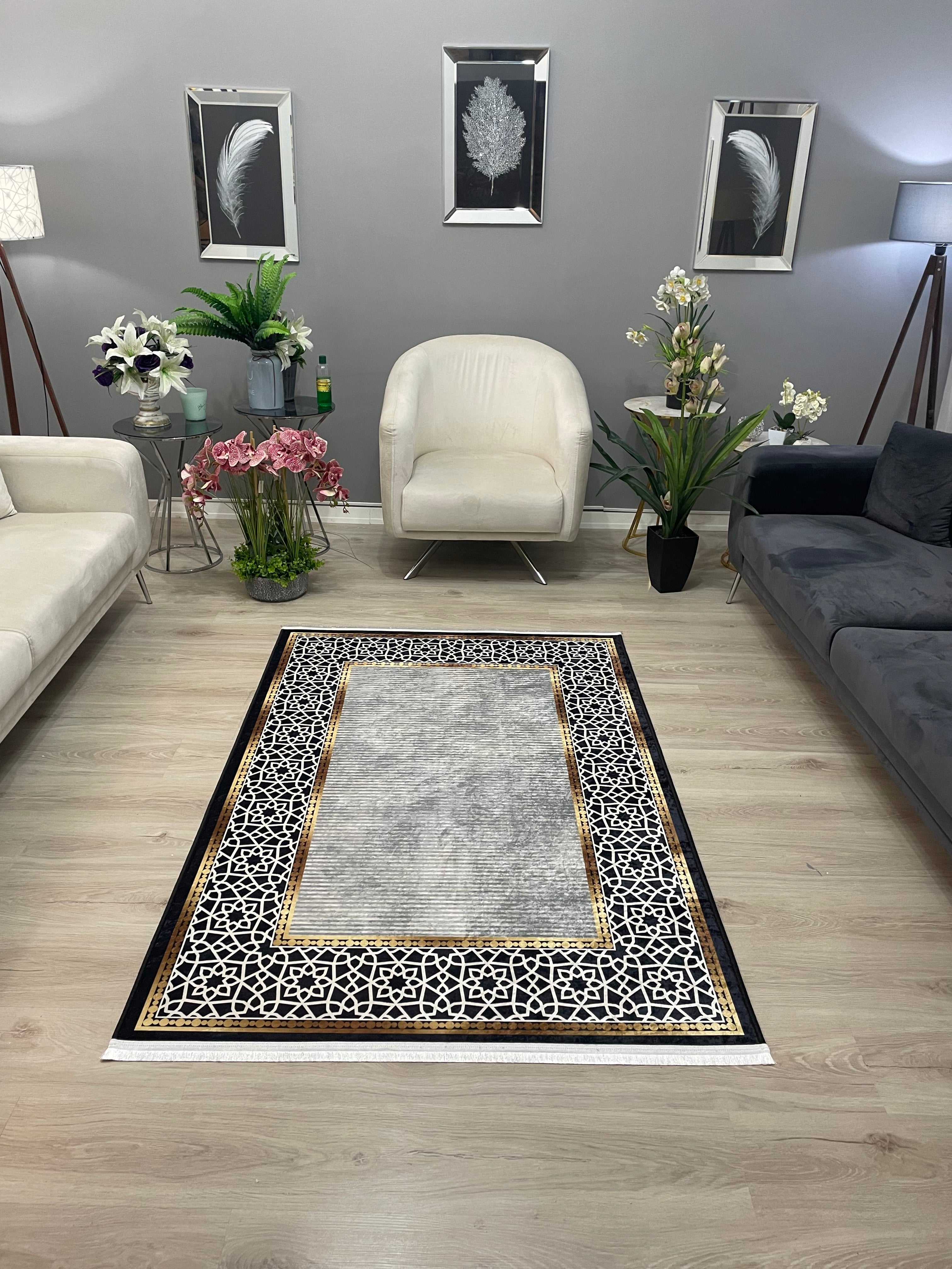 FLOWY GOLD GRİ - Kaymaz Deri Taban Makinede Yıkanabilir Salon Oturma Odası Mutfak Halısı