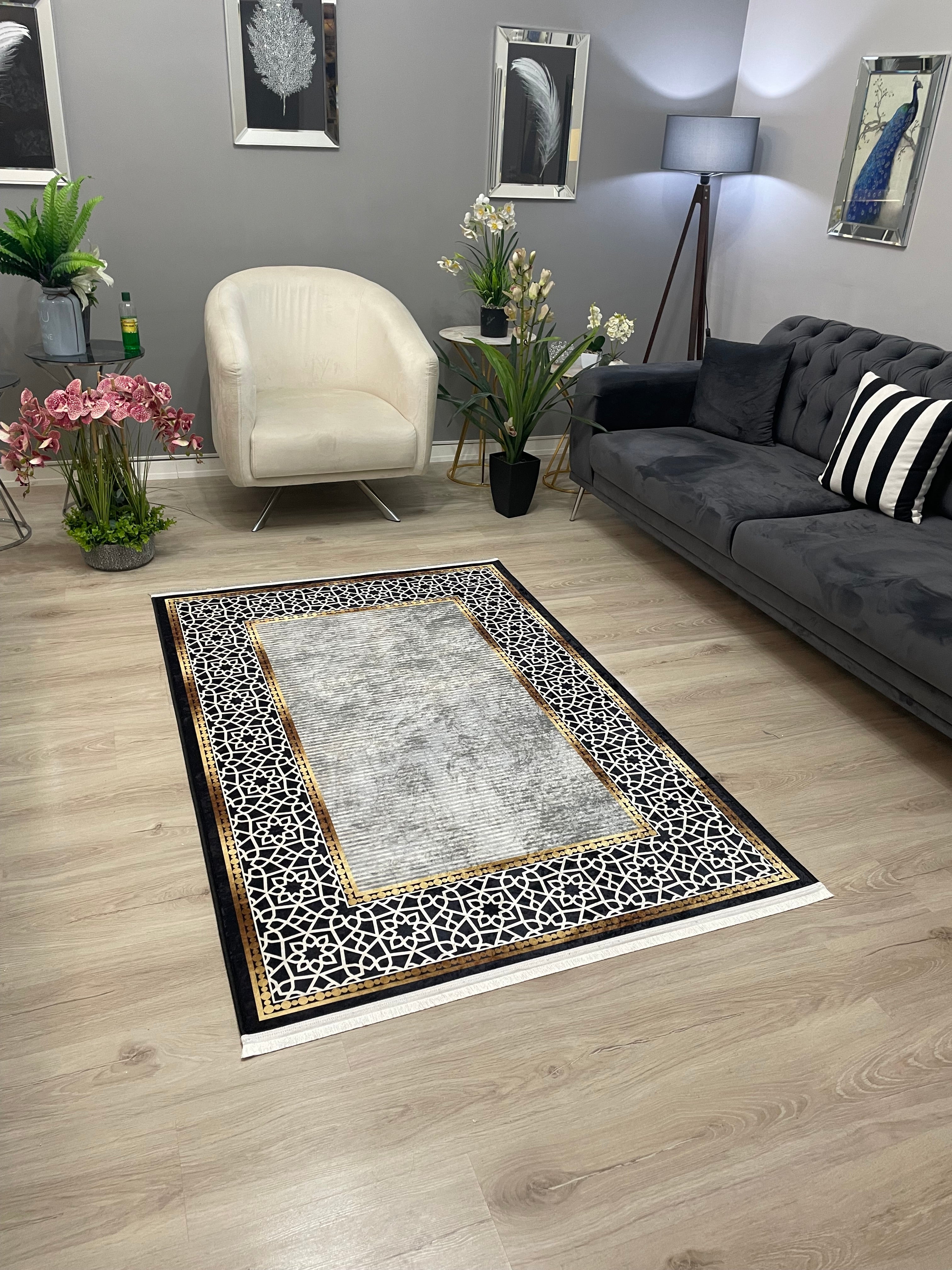 FLOWY GOLD GRİ - Kaymaz Deri Taban Makinede Yıkanabilir Salon Oturma Odası Mutfak Halısı