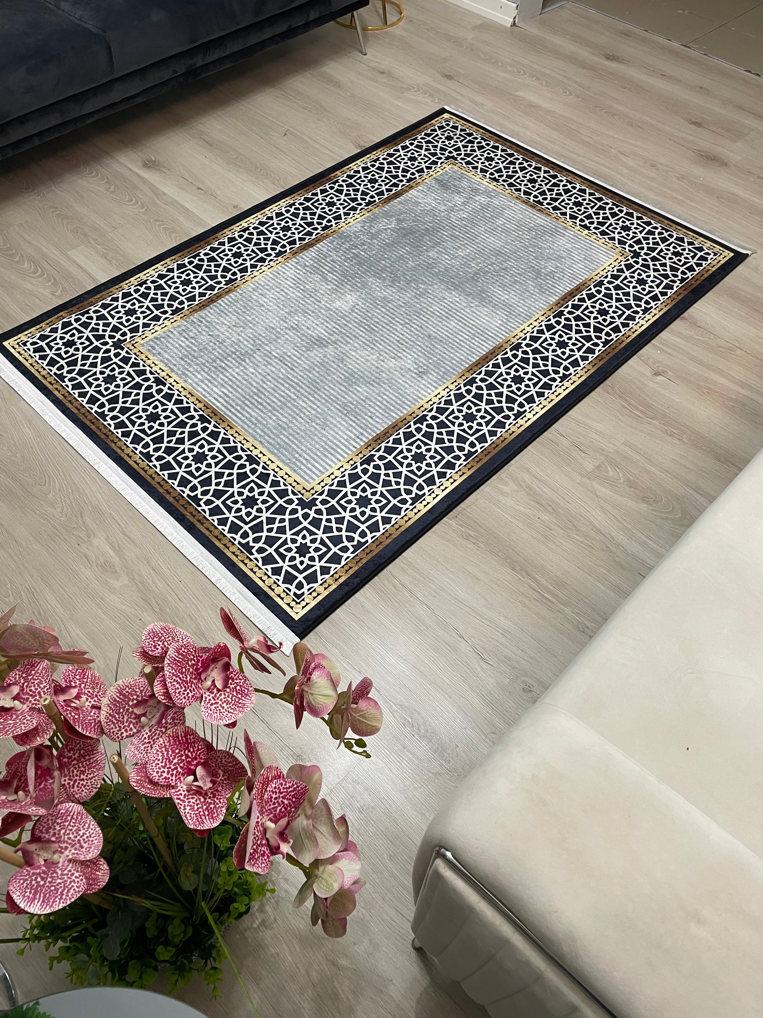 FLOWY GOLD GRİ - Kaymaz Deri Taban Makinede Yıkanabilir Salon Oturma Odası Mutfak Halısı