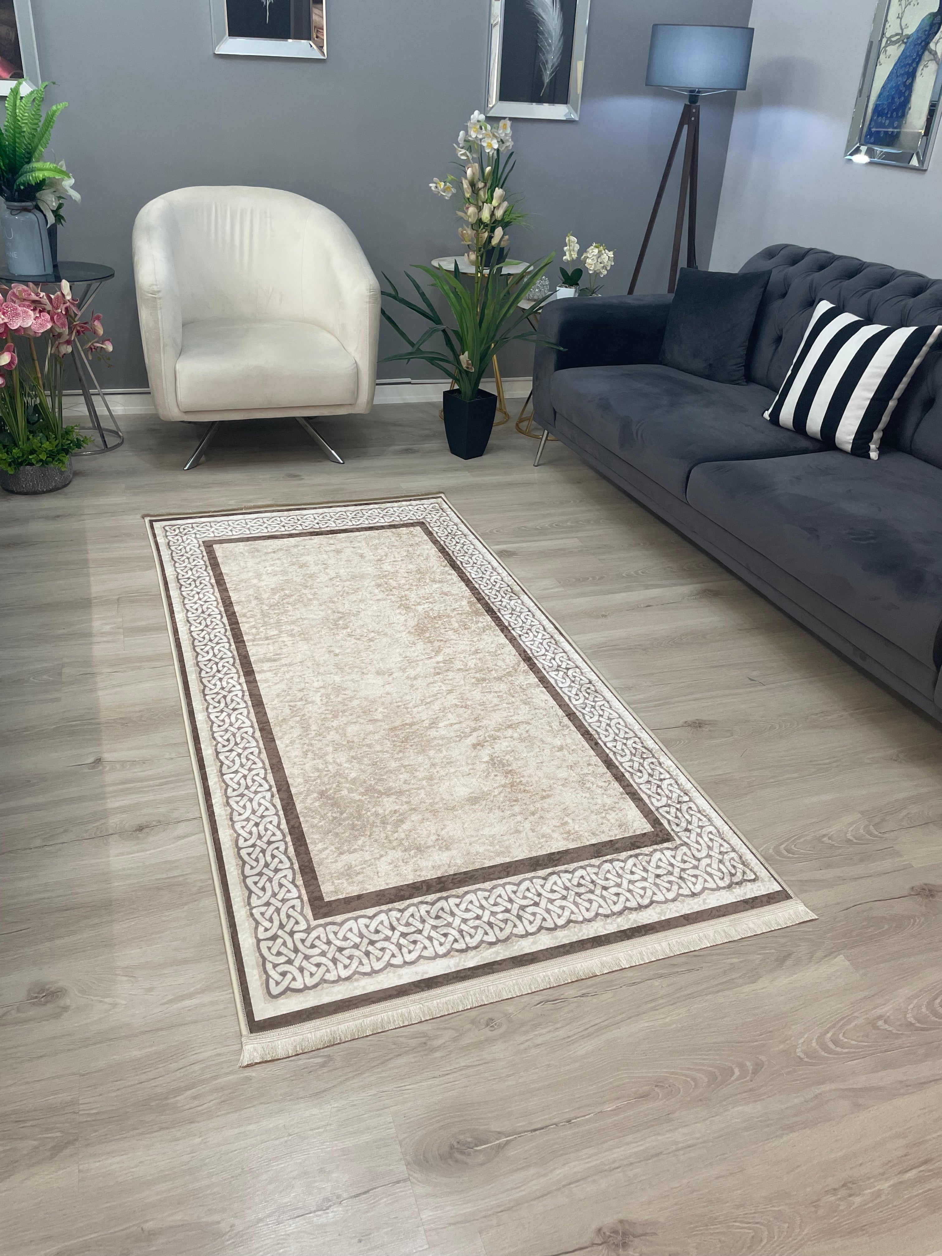R-OLİVİA - Kaymaz Deri Taban Makinede Yıkanabilir Salon Oturma Odası Mutfak Halısı