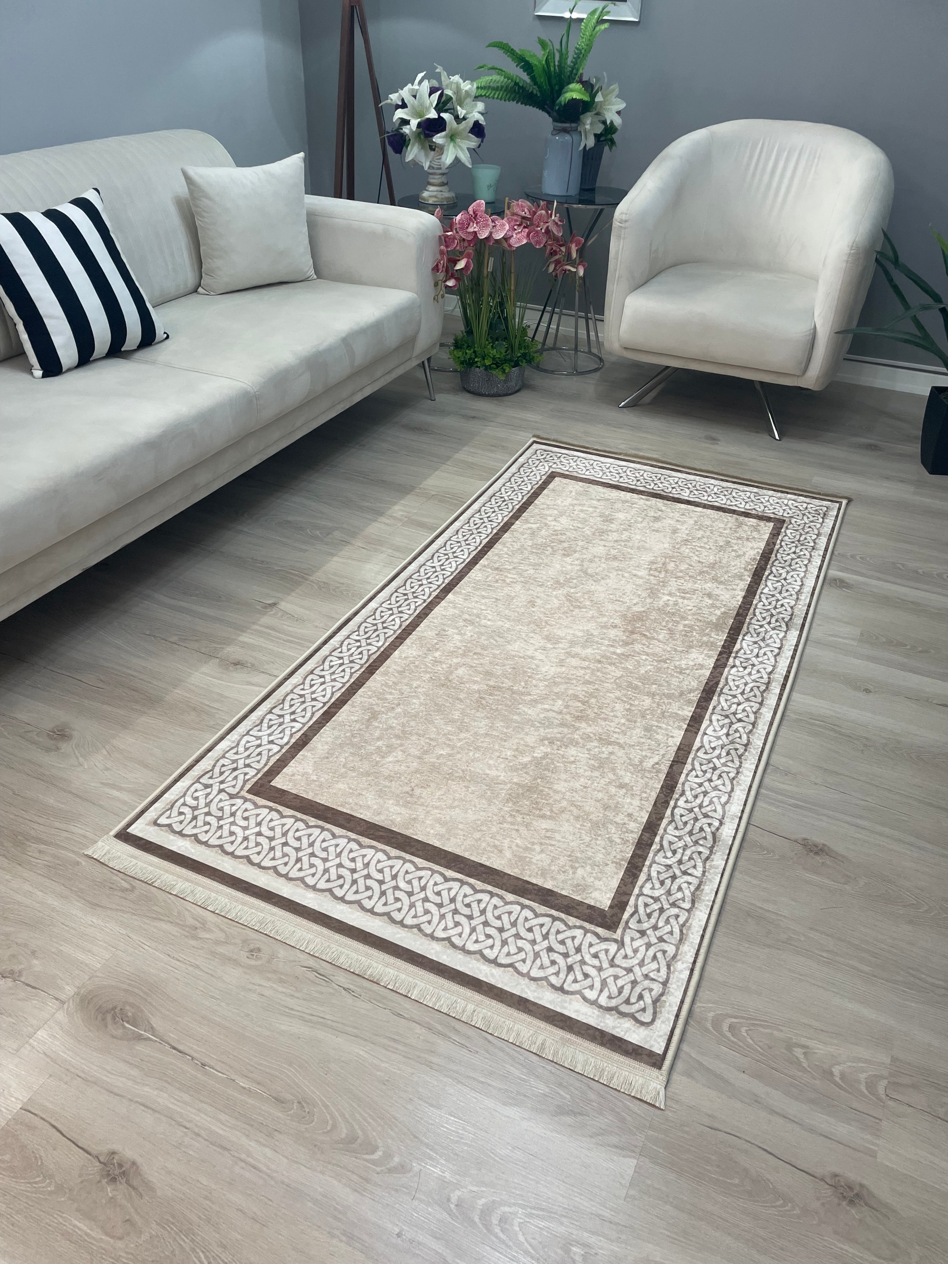 R-OLİVİA - Kaymaz Deri Taban Makinede Yıkanabilir Salon Oturma Odası Mutfak Halısı