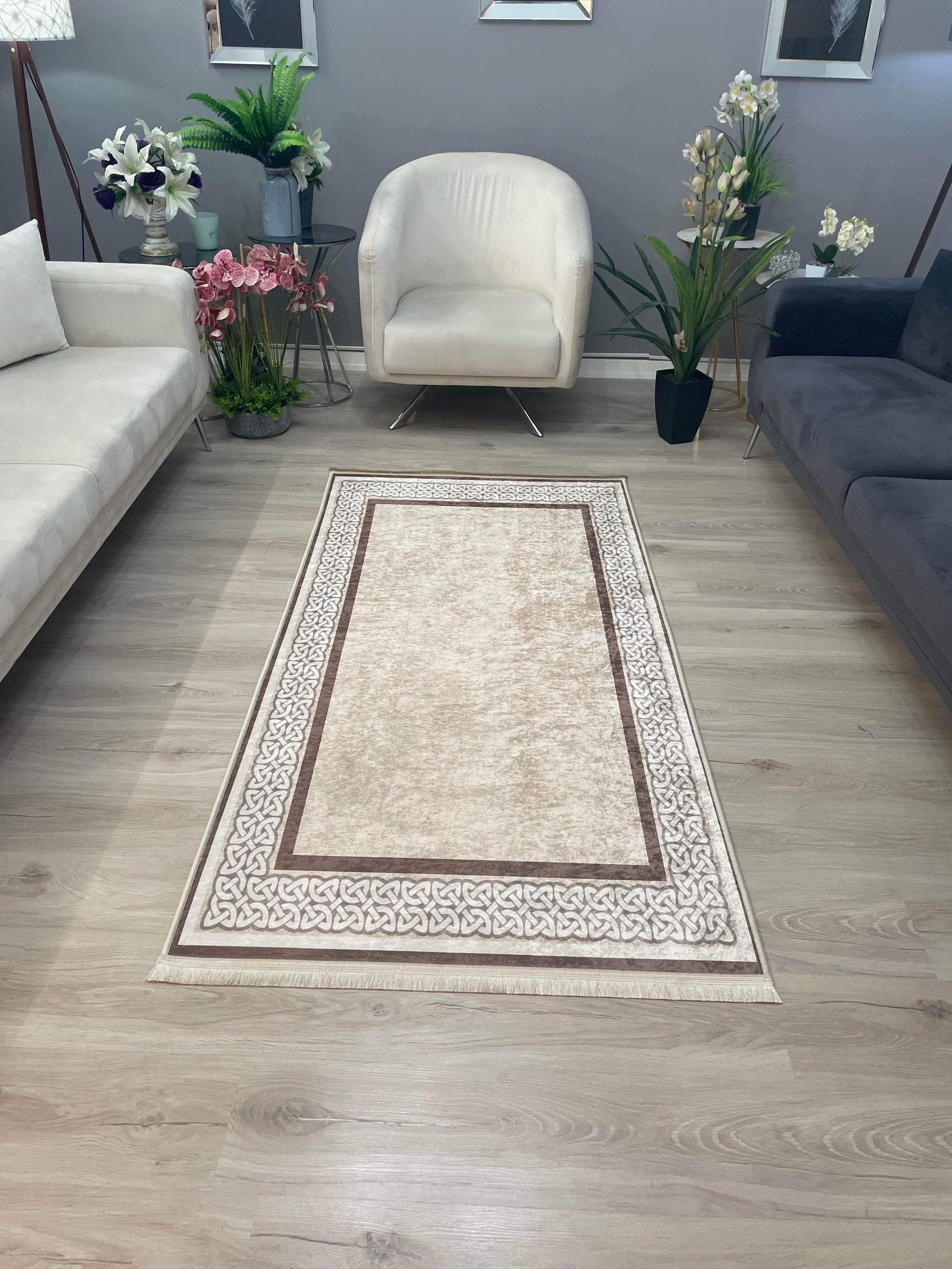 R-OLİVİA - Kaymaz Deri Taban Makinede Yıkanabilir Salon Oturma Odası Mutfak Halısı