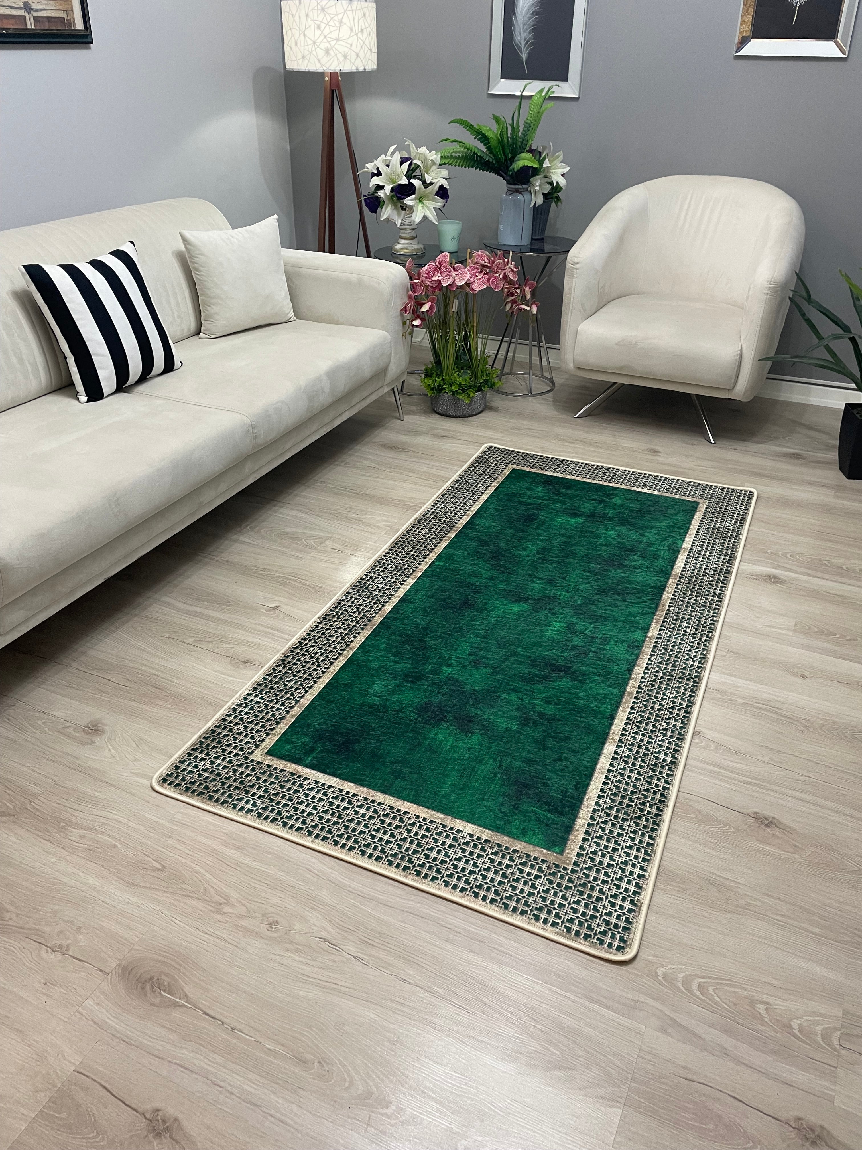 MENARİ BOLD YEŞİL - Kaymaz Deri Taban Makinede Yıkanabilir Salon Oturma Odası Mutfak Halısı