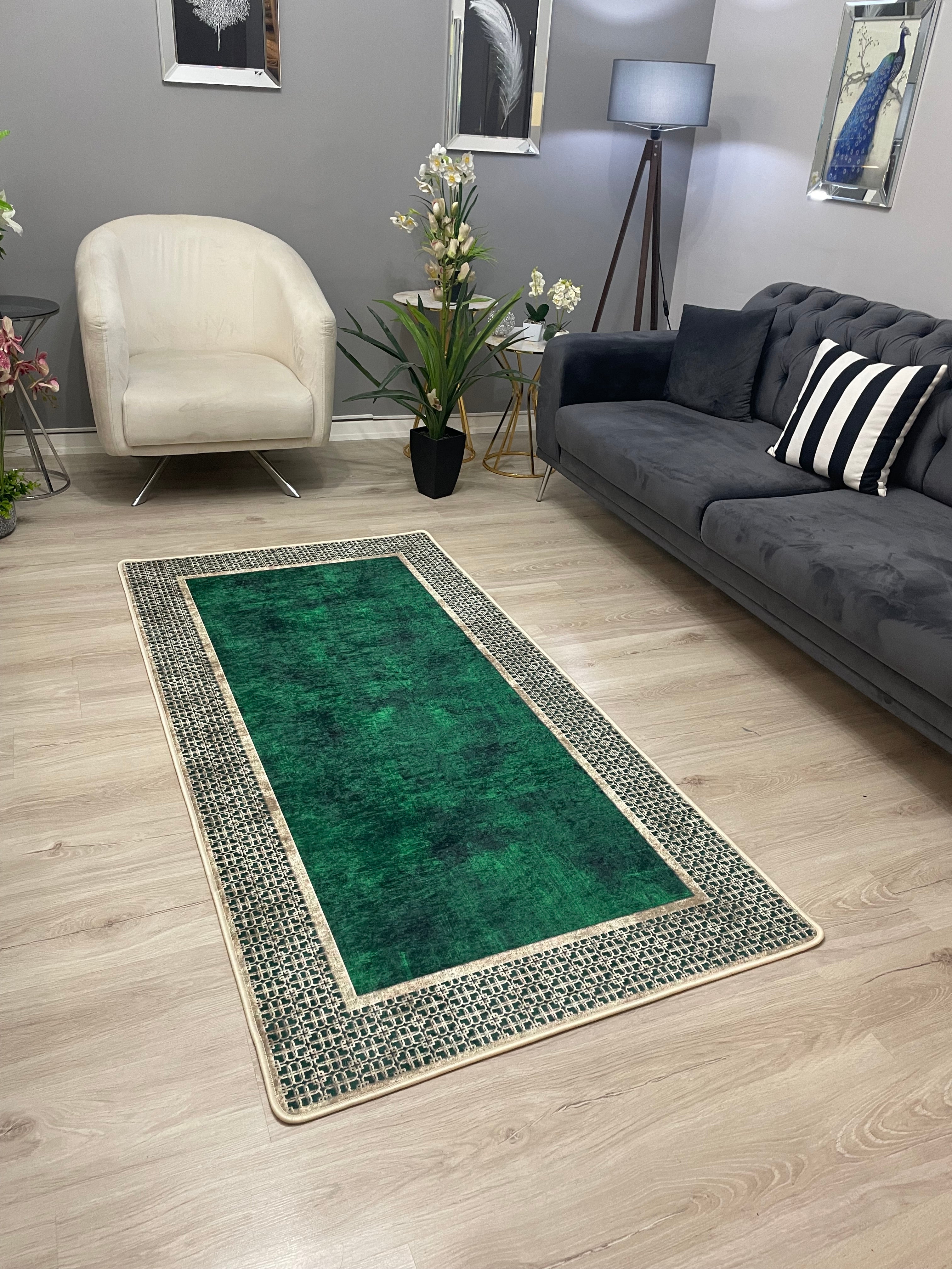 MENARİ BOLD YEŞİL - Kaymaz Deri Taban Makinede Yıkanabilir Salon Oturma Odası Mutfak Halısı