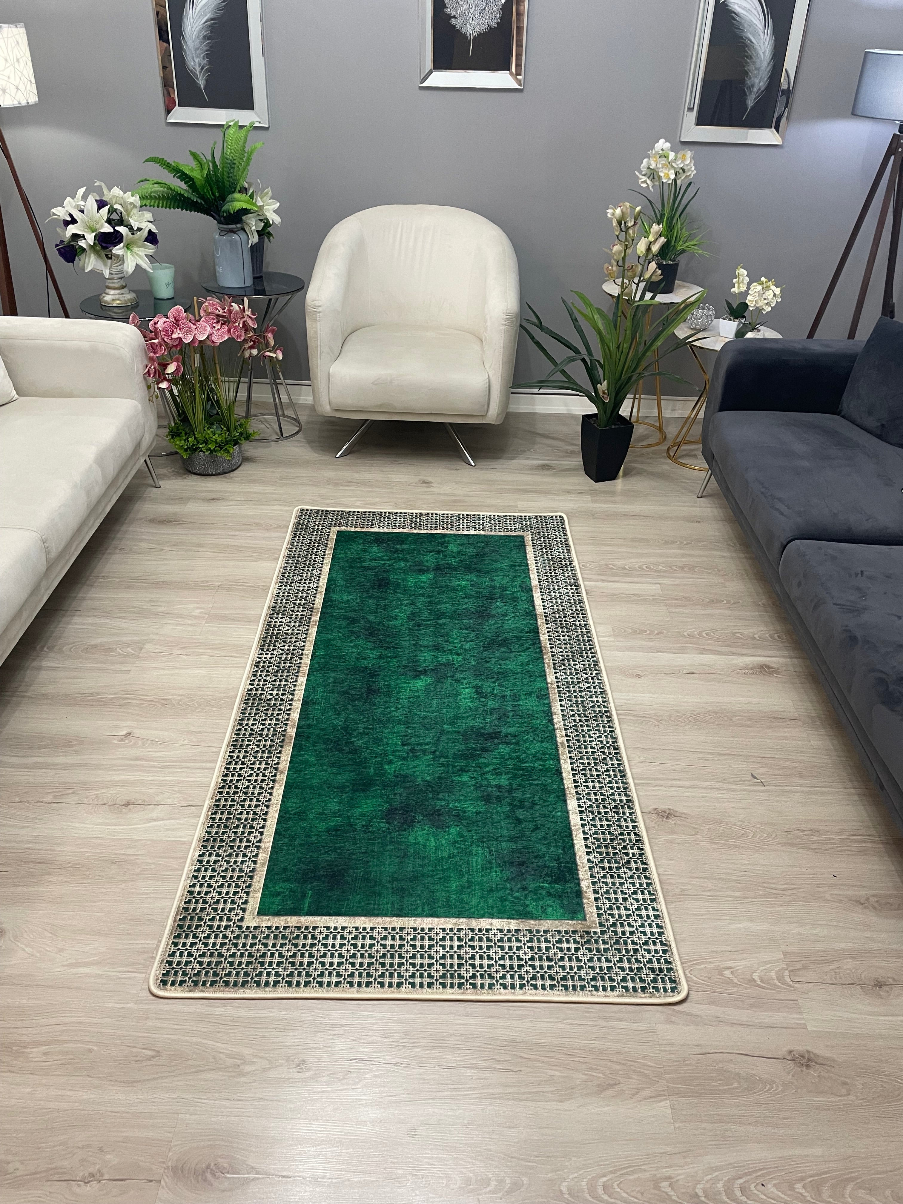 MENARİ BOLD YEŞİL - Kaymaz Deri Taban Makinede Yıkanabilir Salon Oturma Odası Mutfak Halısı