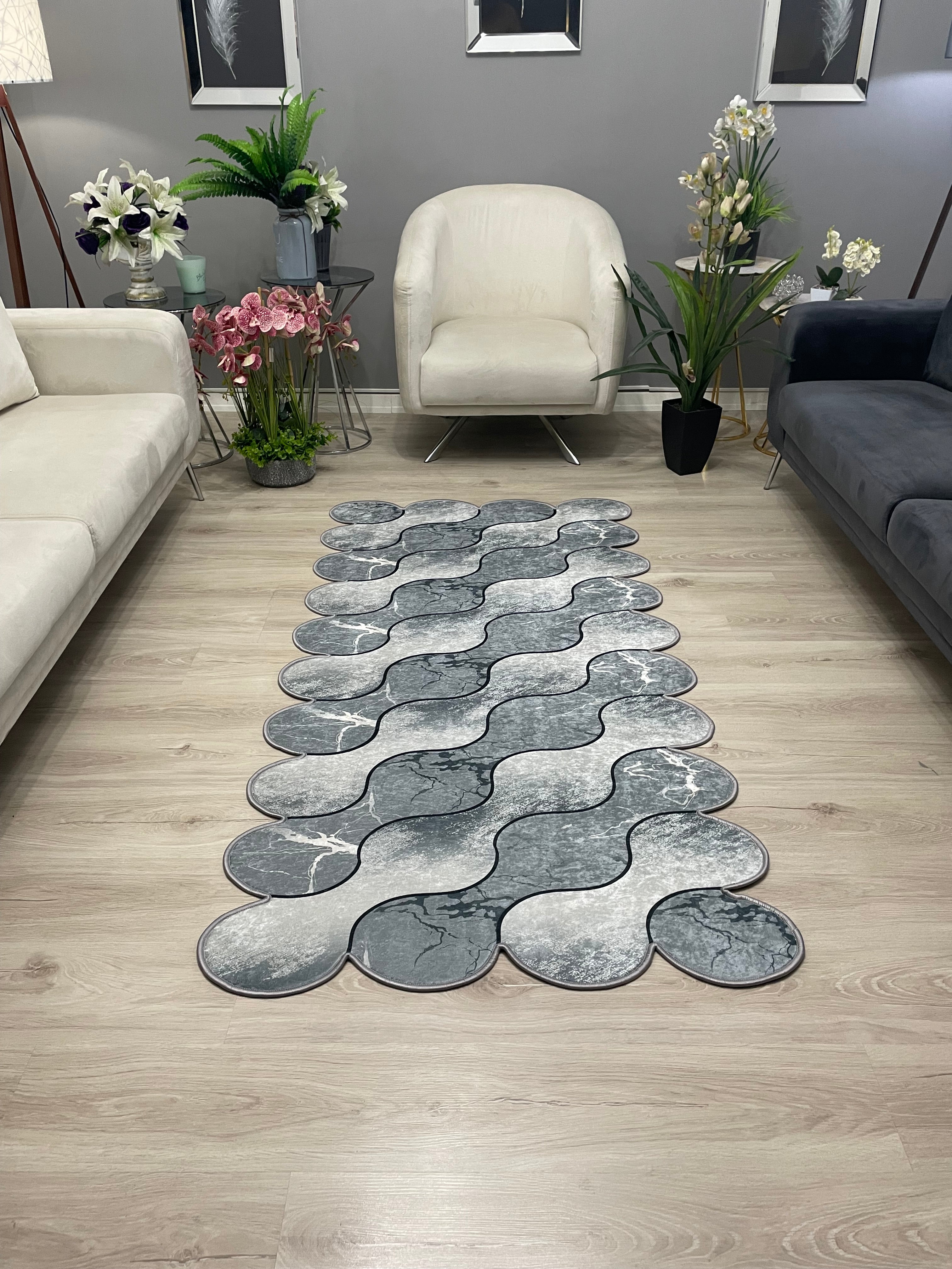FORM MERMER BRİLL GRİ - Kaymaz Deri Taban Makinede Yıkanabilir Salon Oturma Odası Mutfak Halısı