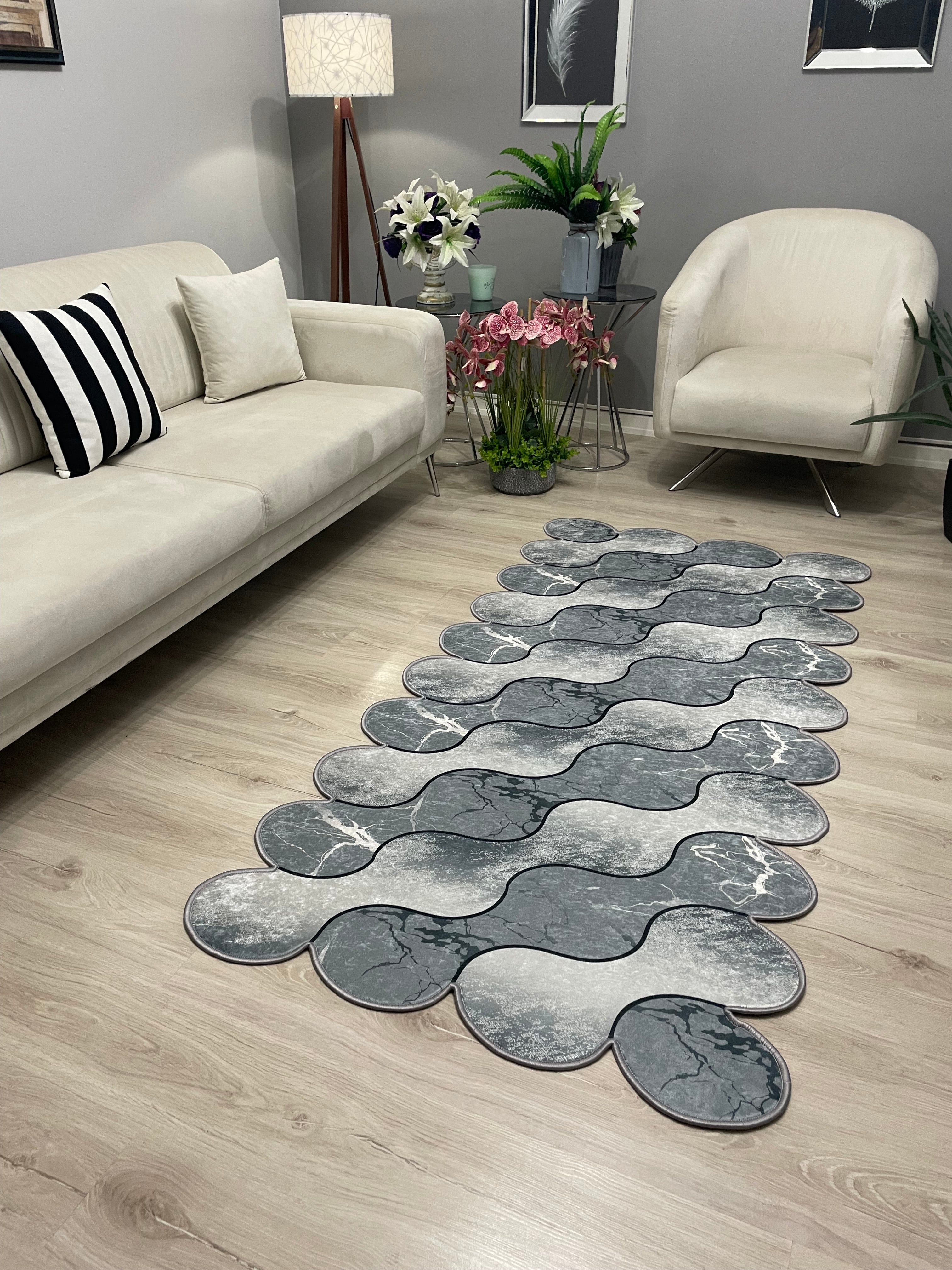 FORM MERMER BRİLL GRİ - Kaymaz Deri Taban Makinede Yıkanabilir Salon Oturma Odası Mutfak Halısı