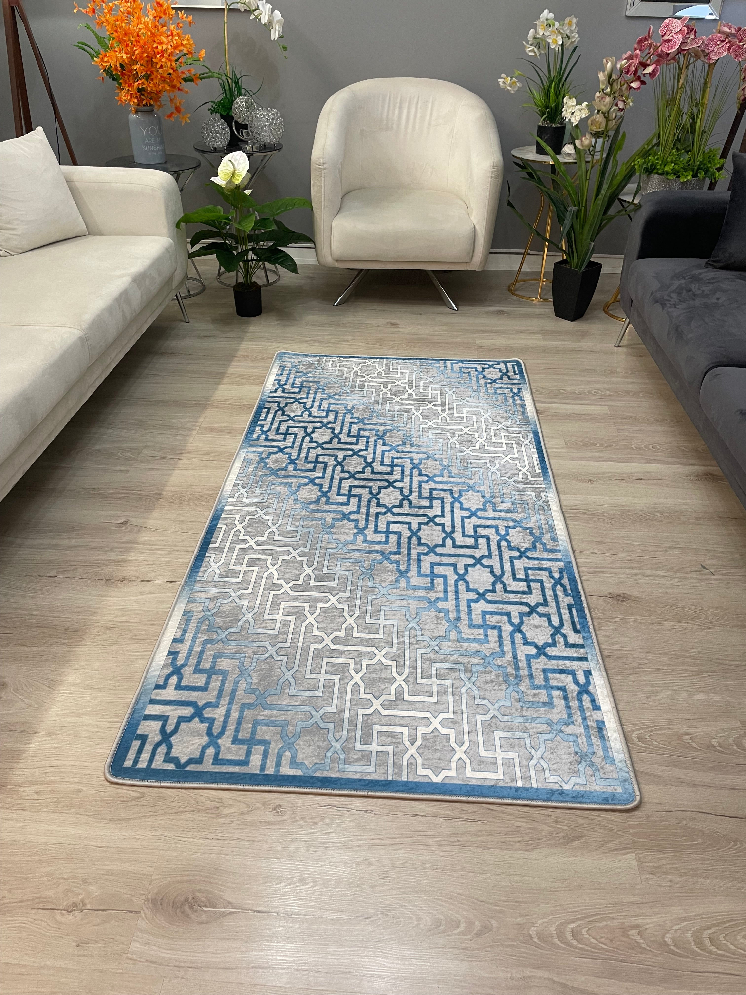 LİSBURN MAVİ - Kaymaz Deri Taban Makinede Yıkanabilir Salon Oturma Odası Mutfak Halısı