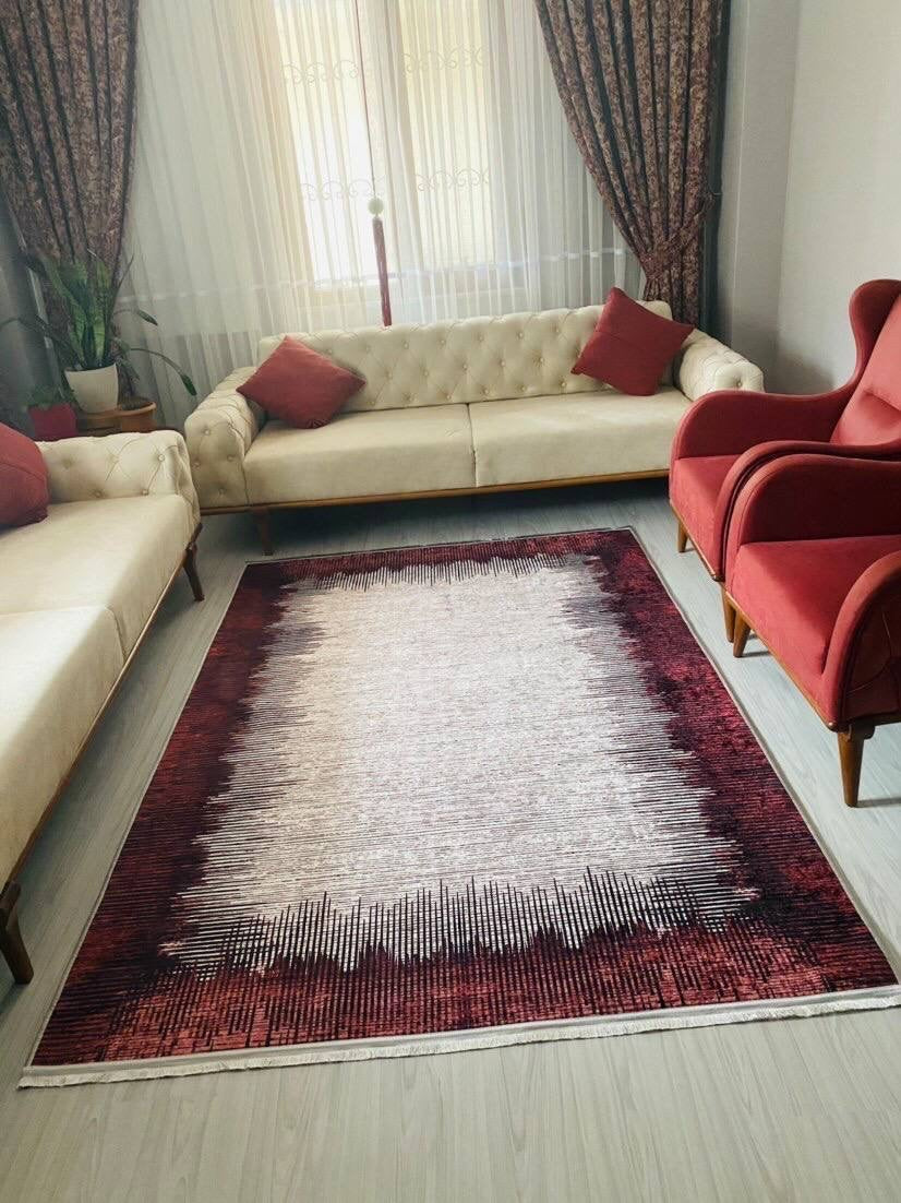 REMAR RED - Kaymaz Deri Taban Makinede Yıkanabilir Salon Oturma Odası Mutfak Halısı