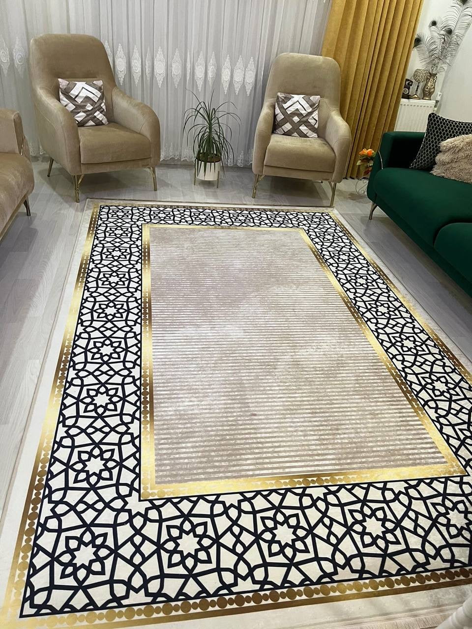 FLOWY GOLD - Kaymaz Deri Taban Makinede Yıkanabilir Salon Oturma Odası Mutfak Halısı