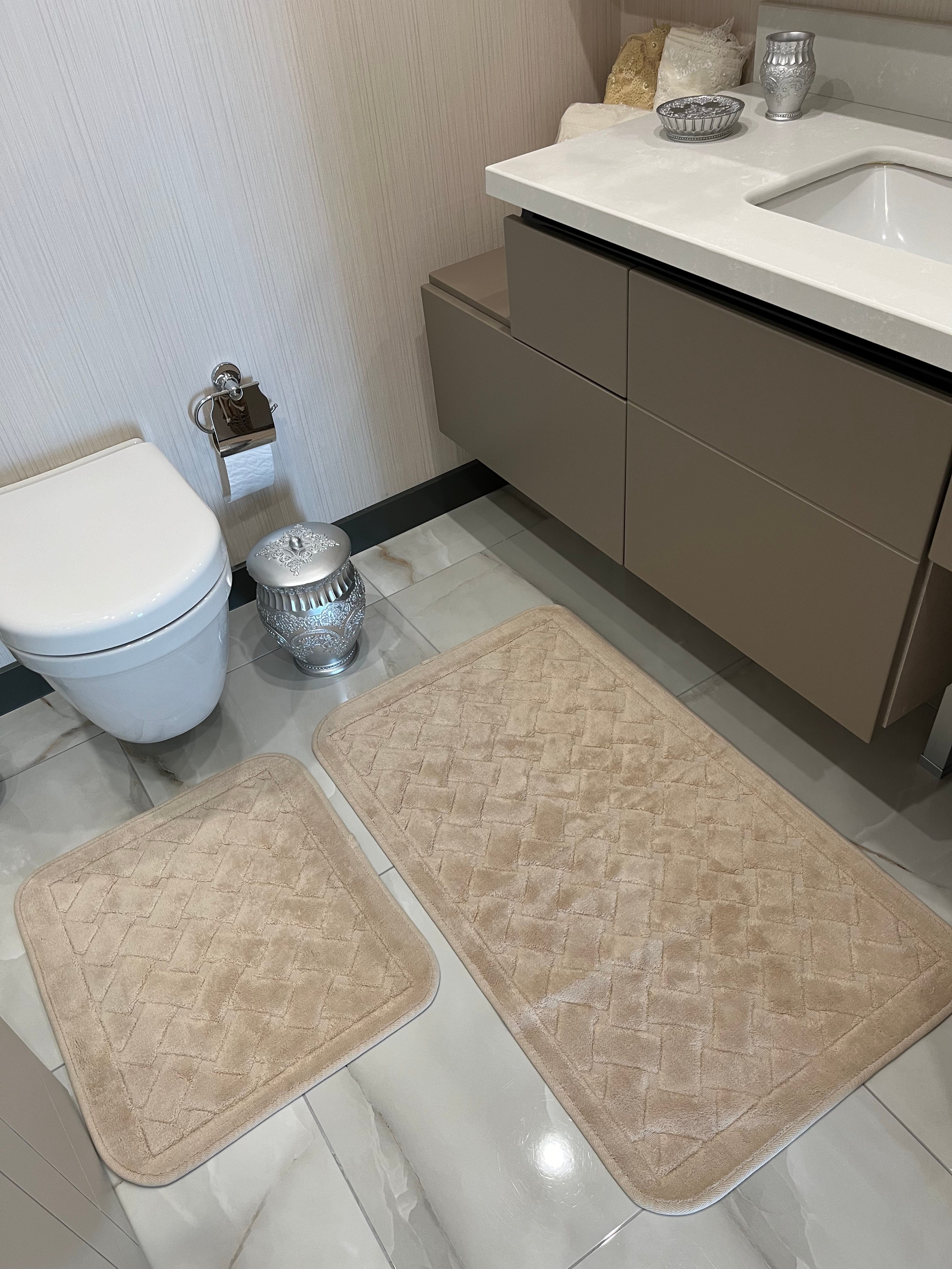KAHVE - Yıkanabilir Pamuk Dokuma Taban Taban 60x100 50x60 2'li Banyo Paspas ve Klozet Takımı
