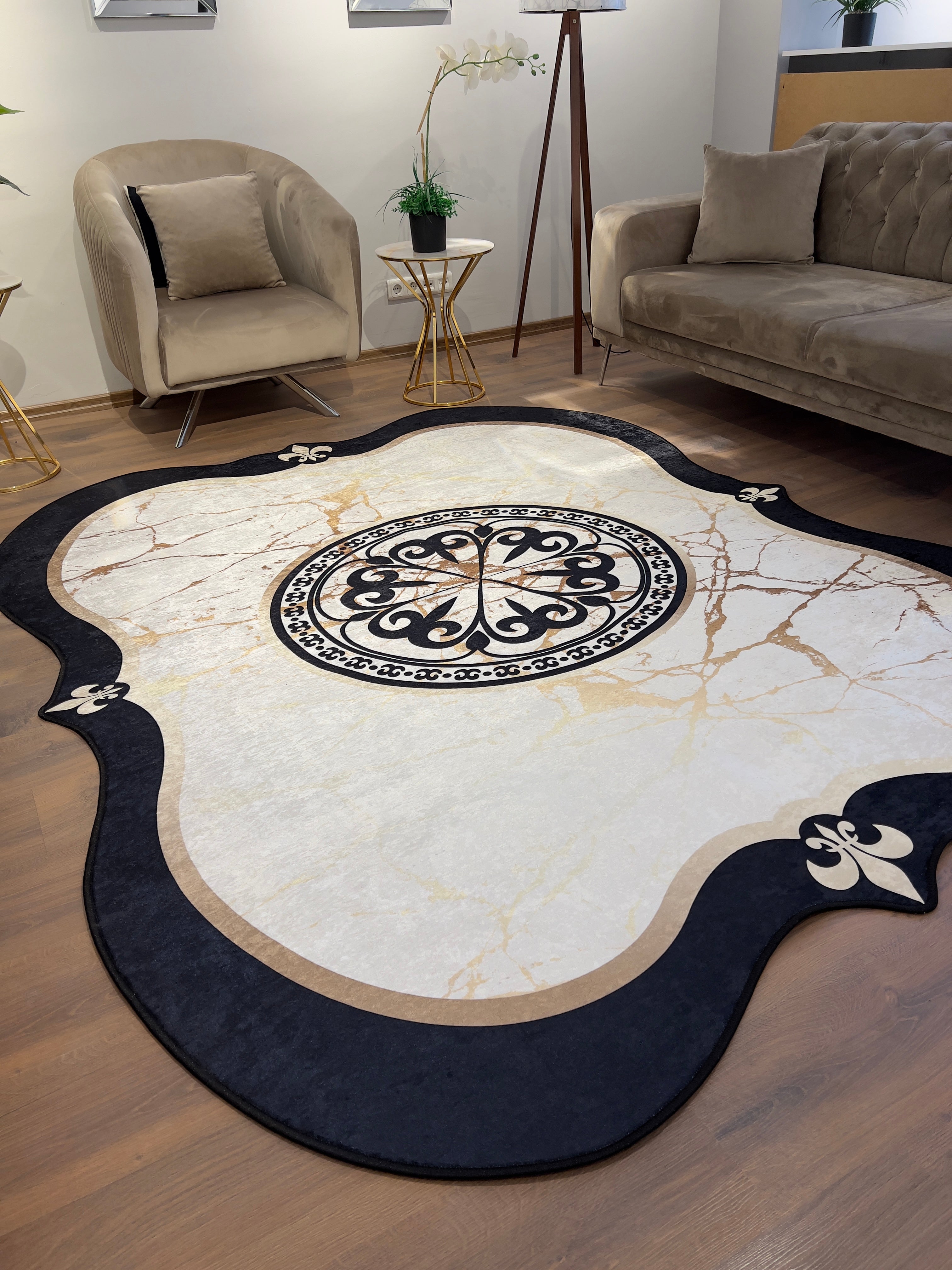 HANEDAN MERMER BRİLL SİYAH - Kaymaz Deri Taban Makinede Yıkanabilir Salon Oturma Odası Mutfak Halısı