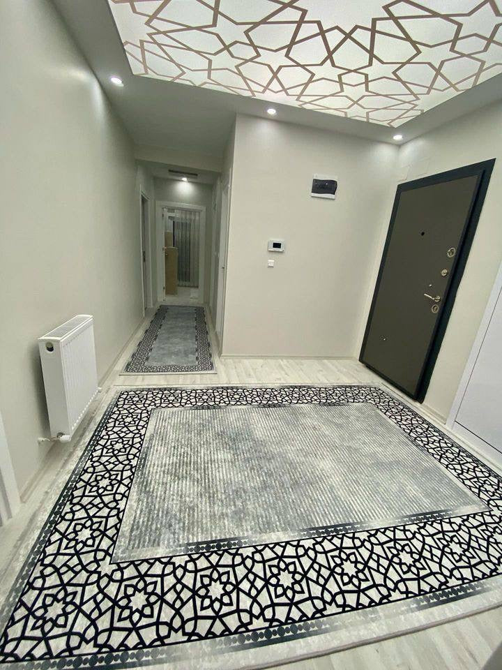 FLOWY GÜMÜŞ - Kaymaz Deri Taban Makinede Yıkanabilir Salon Oturma Odası Mutfak Halısı