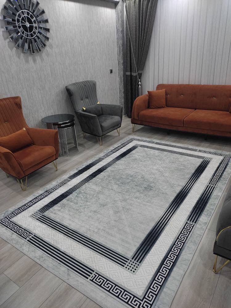 TAYLOR AÇIK GRİ - Kaymaz Deri Taban Makinede Yıkanabilir Salon Oturma Odası Mutfak Halısı