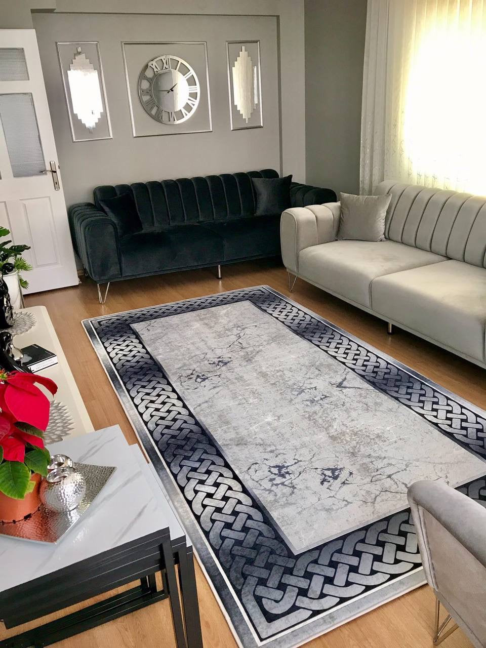 SİNATRA BRİLL GRİ - Kaymaz Deri Taban Makinede Yıkanabilir Salon Oturma Odası Mutfak Halısı