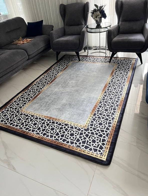 FLOWY GOLD GRİ - Kaymaz Deri Taban Makinede Yıkanabilir Salon Oturma Odası Mutfak Halısı