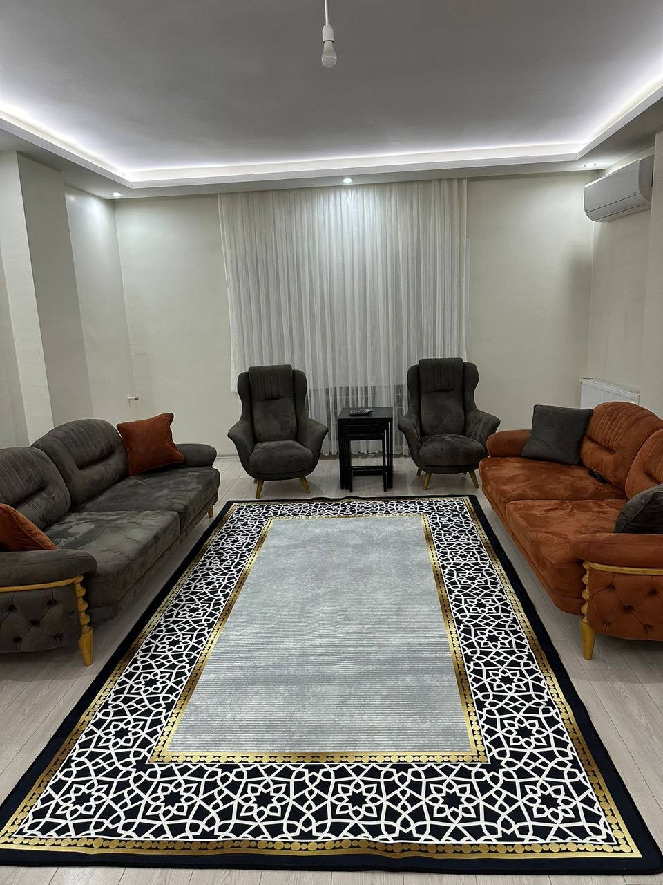 FLOWY GOLD GRİ - Kaymaz Deri Taban Makinede Yıkanabilir Salon Oturma Odası Mutfak Halısı