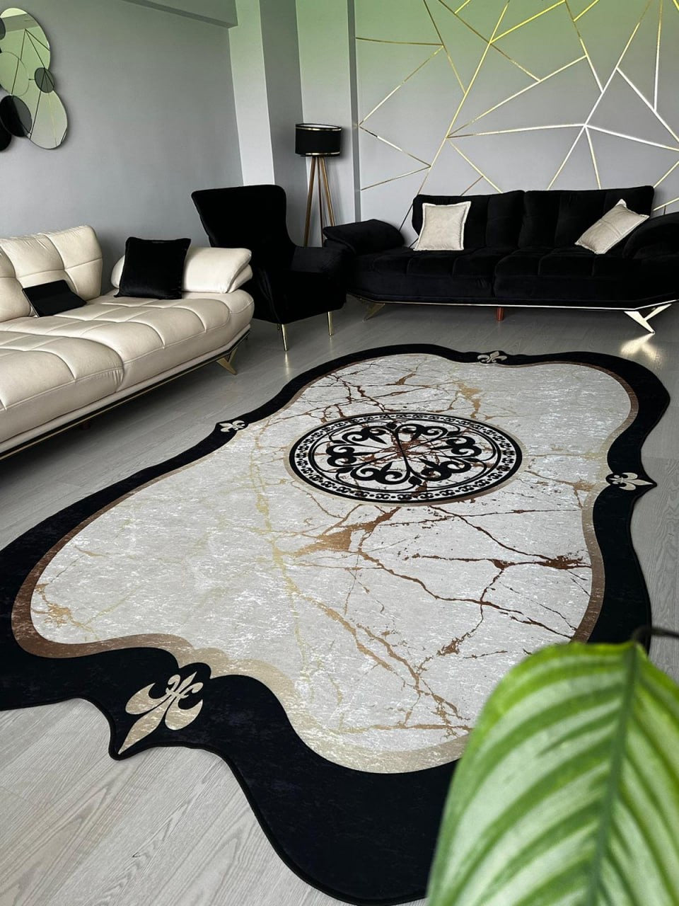 HANEDAN MERMER BRİLL SİYAH - Kaymaz Deri Taban Makinede Yıkanabilir Salon Oturma Odası Mutfak Halısı