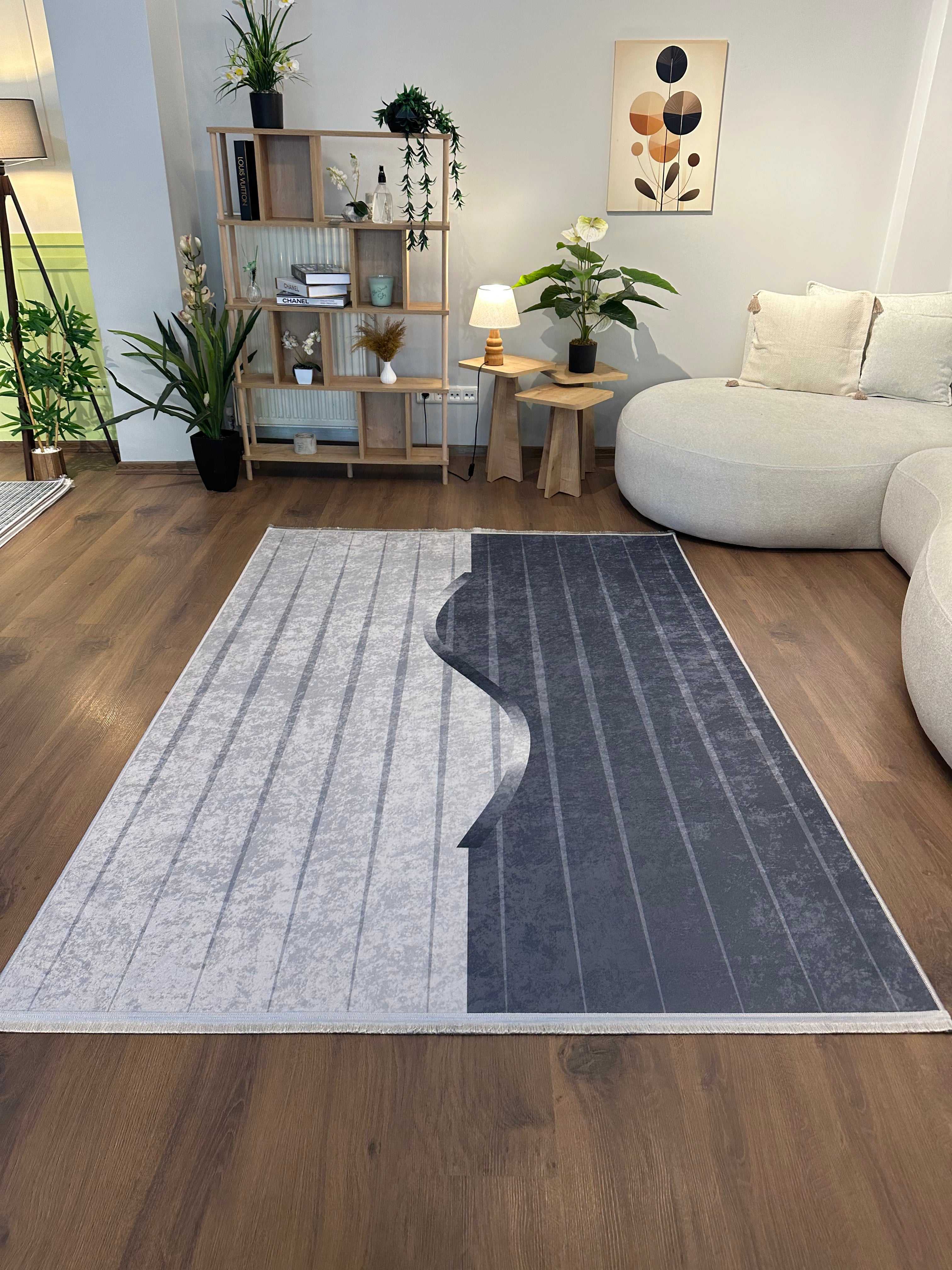 AURA GRİ - Kaymaz Deri Taban Makinede Yıkanabilir Salon Oturma Odası Mutfak Halısı