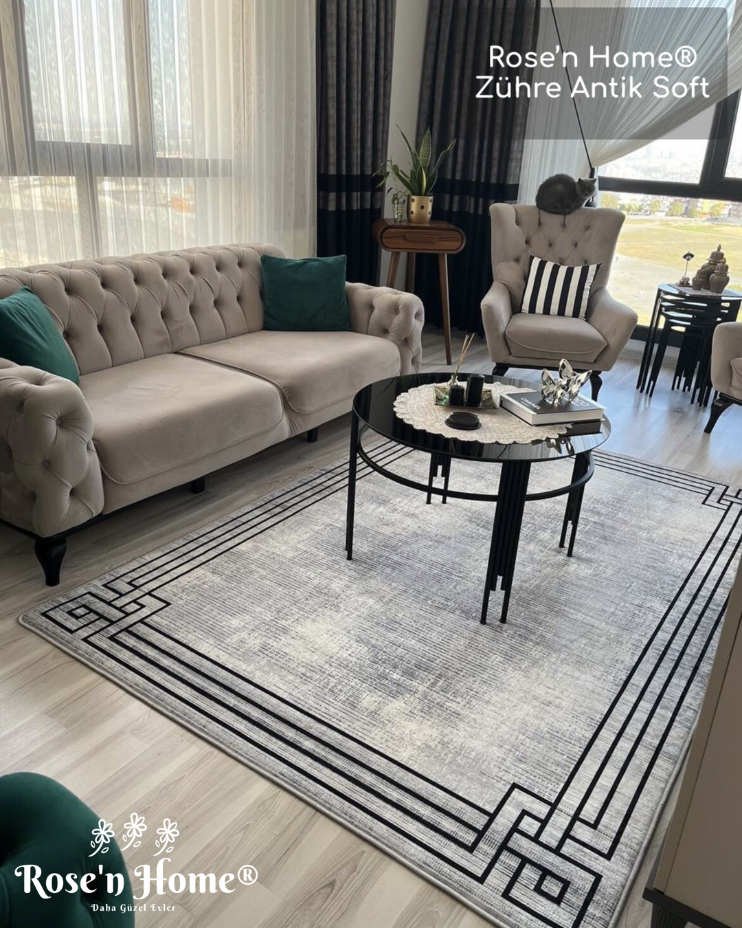 ZÜHRE ANTİK SOFT - Kaymaz Deri Taban Makinede Yıkanabilir Salon Oturma Odası Mutfak Halısı
