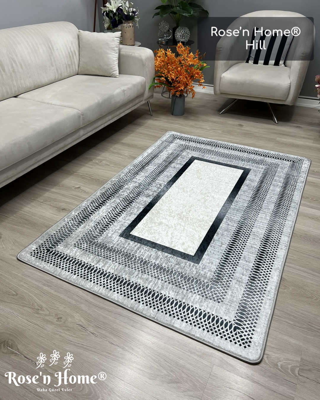 HİLL - Kaymaz Deri Taban Makinede Yıkanabilir Salon Oturma Odası Mutfak Halısı