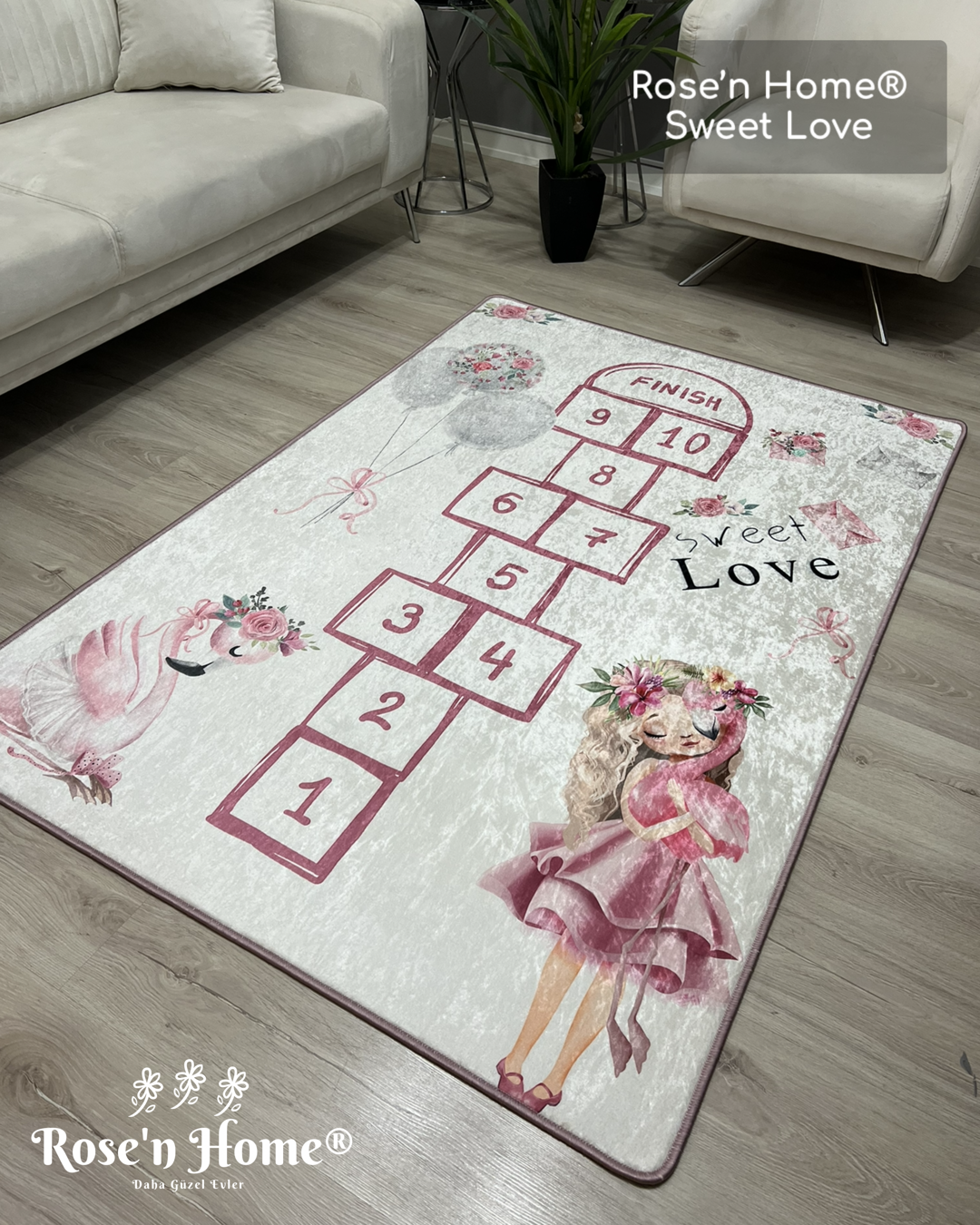 SWEET LOVE - Kaymaz Deri Taban Makinede Yıkanabilir Salon Oturma Odası Mutfak Halısı