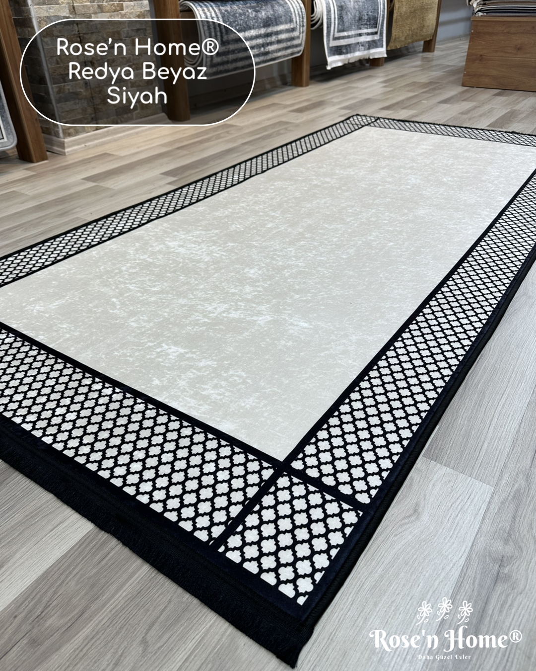 REDYA BEYAZ SİYAH - Kaymaz Deri Taban Makinede Yıkanabilir Salon Oturma Odası Mutfak Halısı