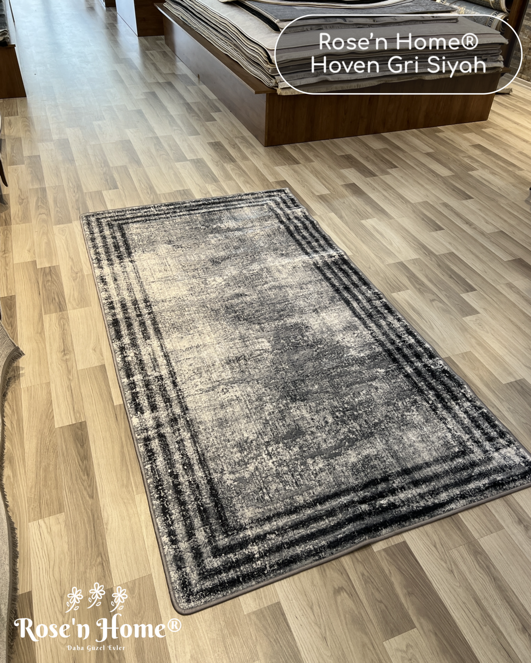 HOVEN GRİ SİYAH - Kaymaz Deri Taban Makinede Yıkanabilir Salon Oturma Odası Mutfak Halısı