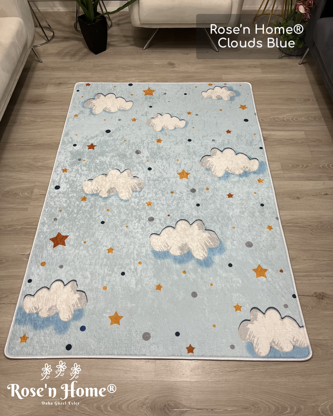 CLOUDS BLUE - Kaymaz Deri Taban Makinede Yıkanabilir Salon Oturma Odası Mutfak Halısı