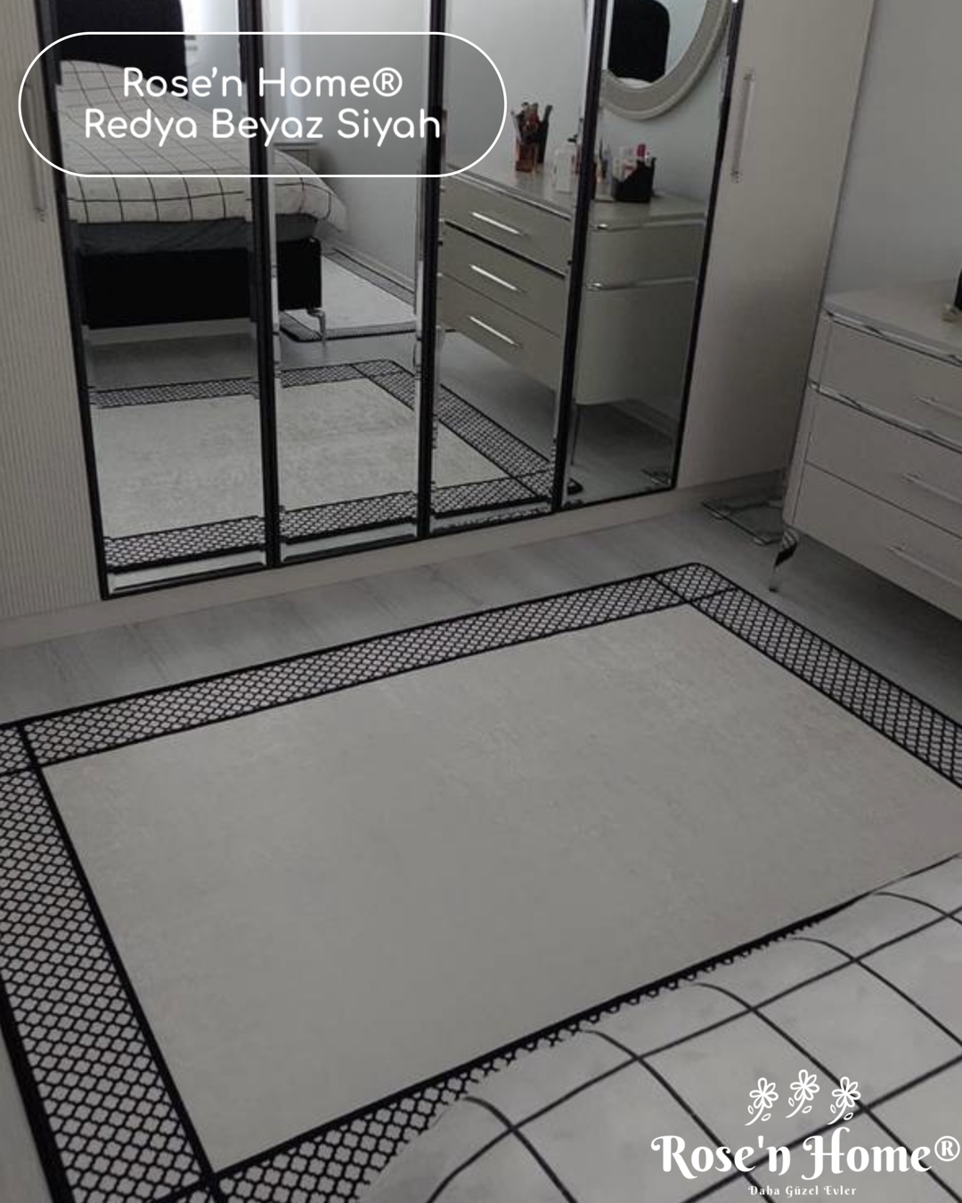 REDYA BEYAZ SİYAH - Kaymaz Deri Taban Makinede Yıkanabilir Salon Oturma Odası Mutfak Halısı