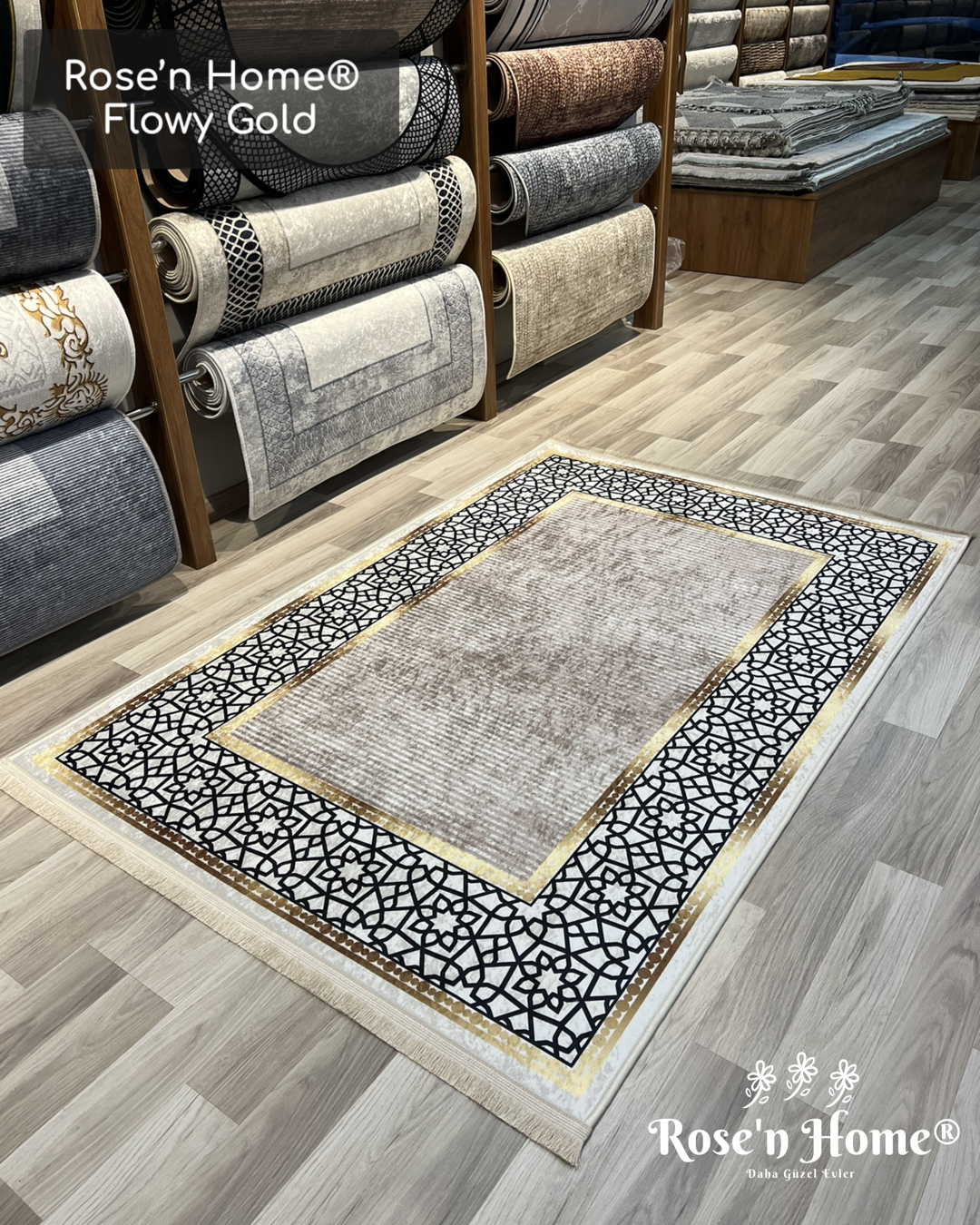 FLOWY GOLD - Kaymaz Deri Taban Makinede Yıkanabilir Salon Oturma Odası Mutfak Halısı