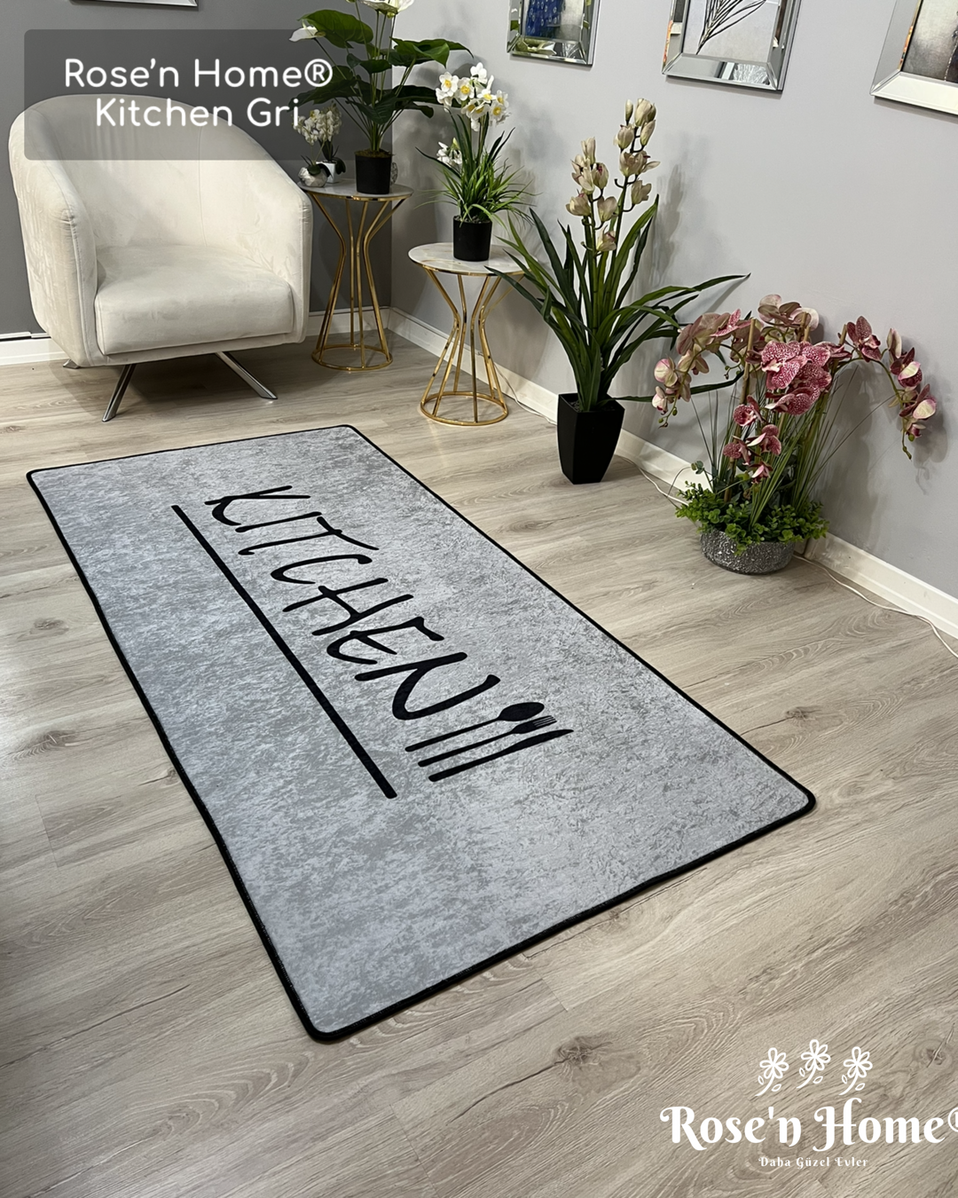 KİTCHEN GRİ - Kaymaz Deri Taban Makinede Yıkanabilir Salon Oturma Odası Mutfak Halısı