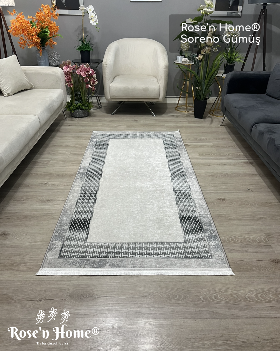 SORENO GÜMÜŞ - Kaymaz Deri Taban Makinede Yıkanabilir Salon Oturma Odası Mutfak Halısı