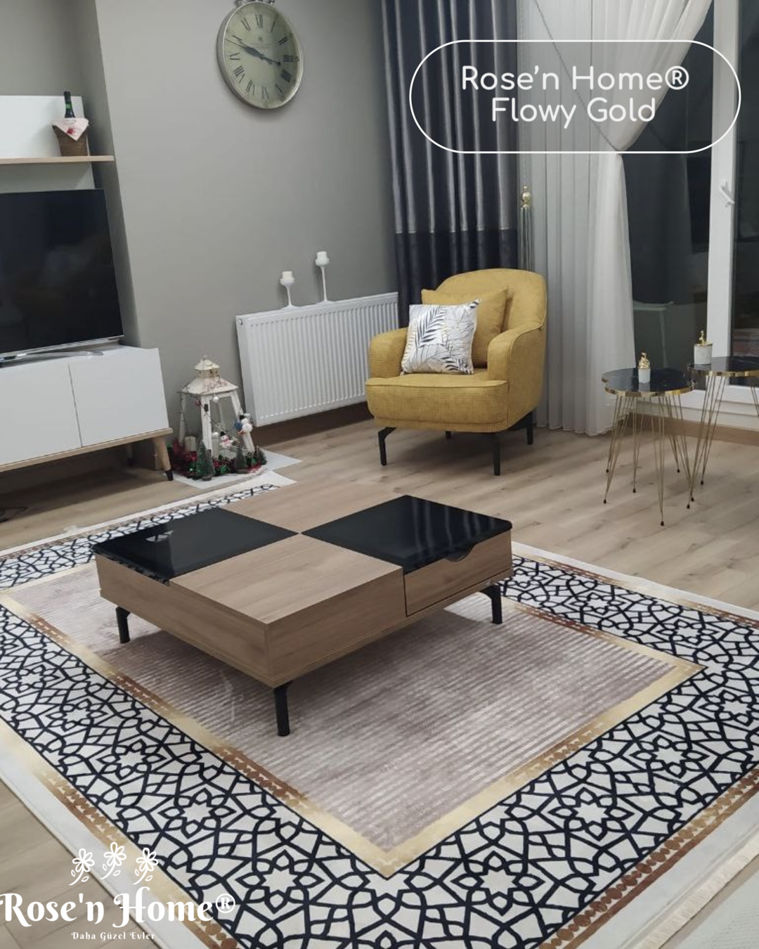 FLOWY GOLD - Kaymaz Deri Taban Makinede Yıkanabilir Salon Oturma Odası Mutfak Halısı
