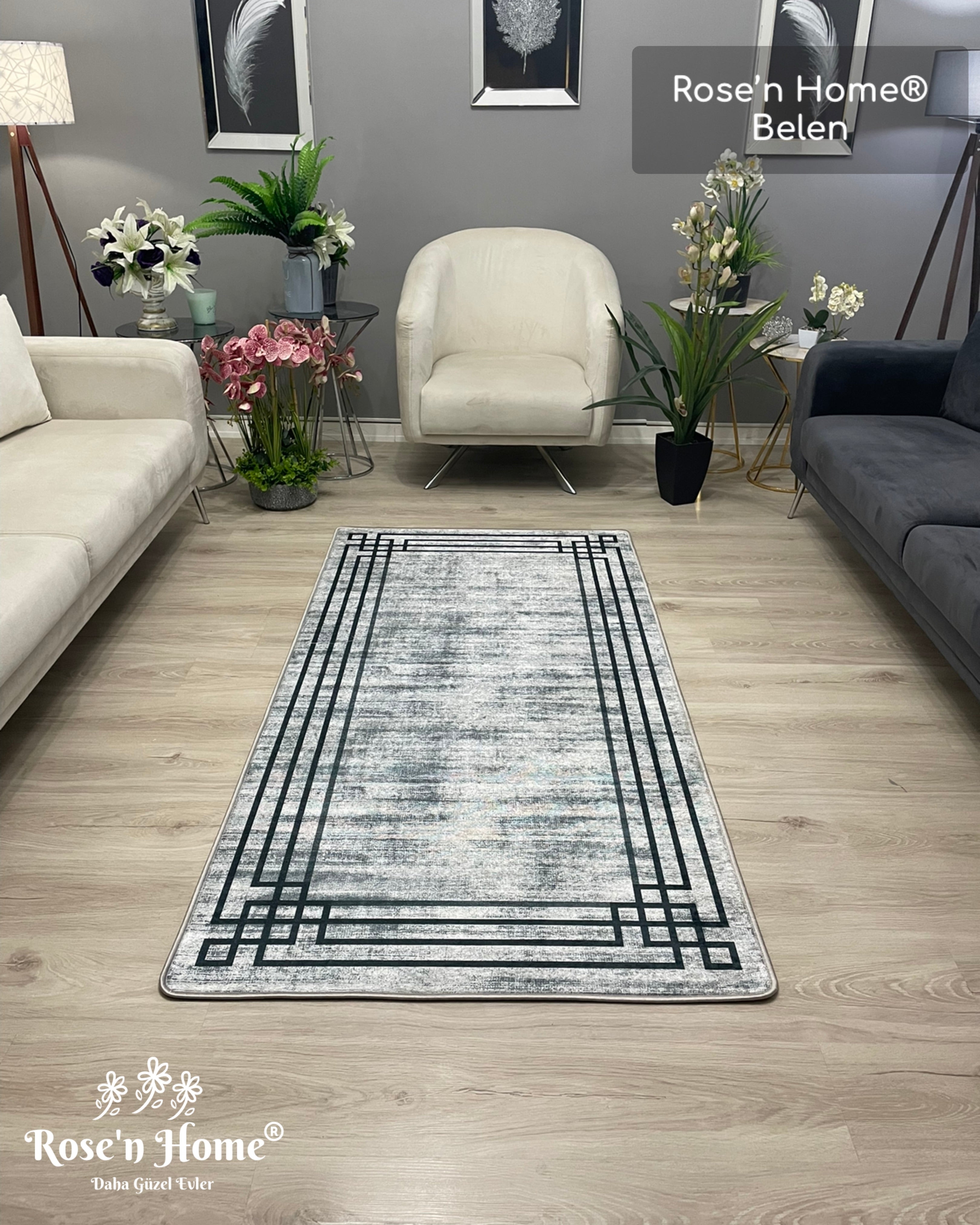 BELEN - Kaymaz Deri Taban Makinede Yıkanabilir Salon Oturma Odası Mutfak Halısı