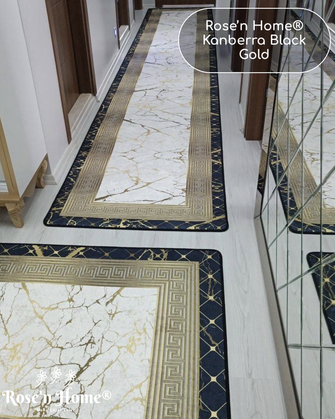 KANBERRA BLACK GOLD - Kaymaz Deri Taban Makinede Yıkanabilir Salon Oturma Odası Mutfak Halısı