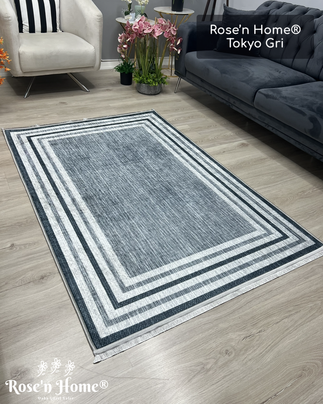 TOKYO GRİ - Kaymaz Deri Taban Makinede Yıkanabilir Salon Oturma Odası Mutfak Halısı