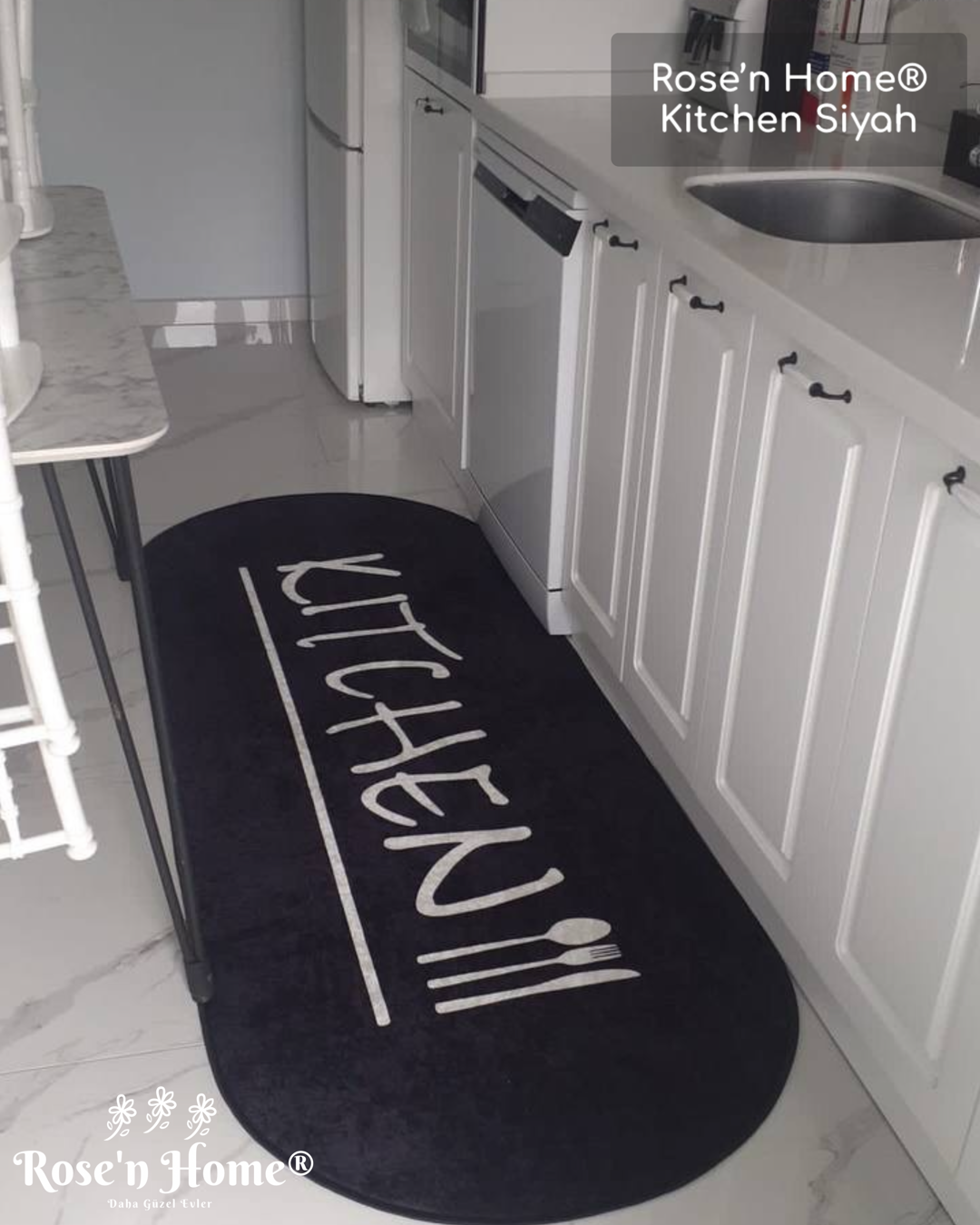 KİTCHEN SİYAH - Kaymaz Deri Taban Makinede Yıkanabilir Salon Oturma Odası Mutfak Halısı