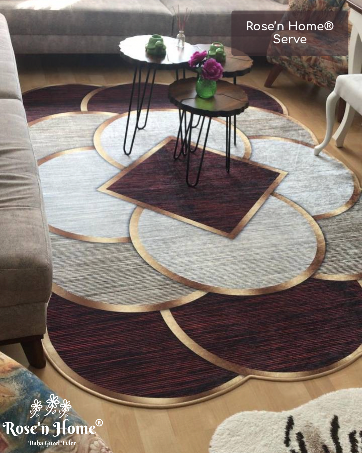 SERVE - Kaymaz Deri Taban Makinede Yıkanabilir Salon Oturma Odası Mutfak Halısı
