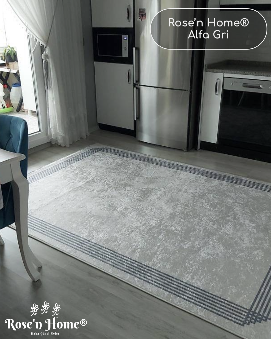 ALFA GRİ - Kaymaz Deri Taban Makinede Yıkanabilir Salon Oturma Odası Mutfak Halısı