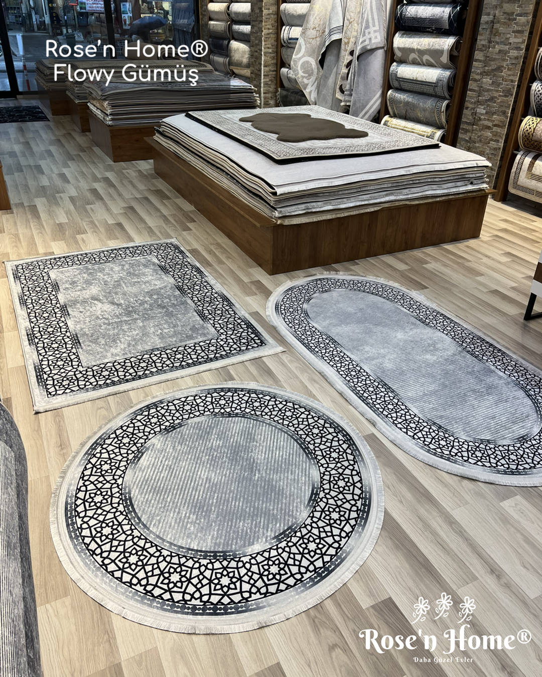 FLOWY GÜMÜŞ - Kaymaz Deri Taban Makinede Yıkanabilir Salon Oturma Odası Mutfak Halısı
