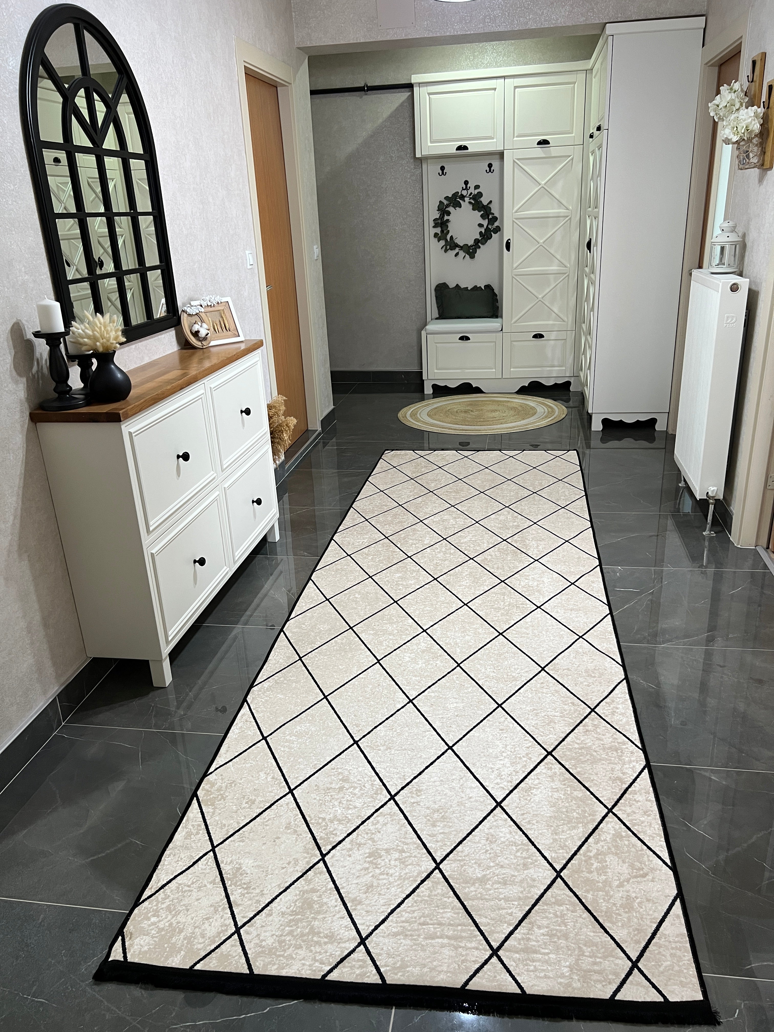 SAHRA KREM - Kaymaz Deri Taban Makinede Yıkanabilir Salon Oturma Odası Mutfak Halısı