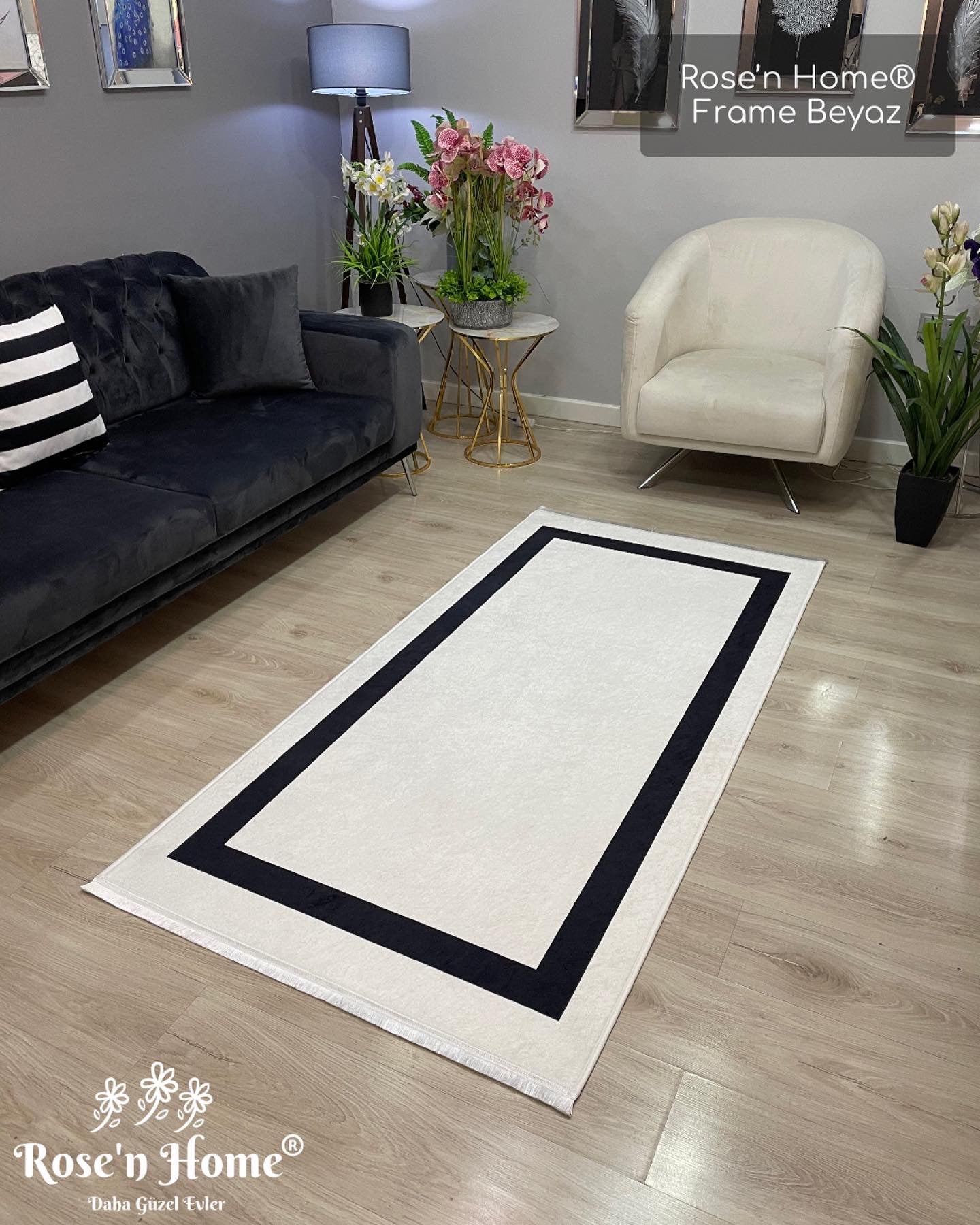 FRAME LİNE BEYAZ - Kaymaz Deri Taban Makinede Yıkanabilir Salon Oturma Odası Mutfak Halısı
