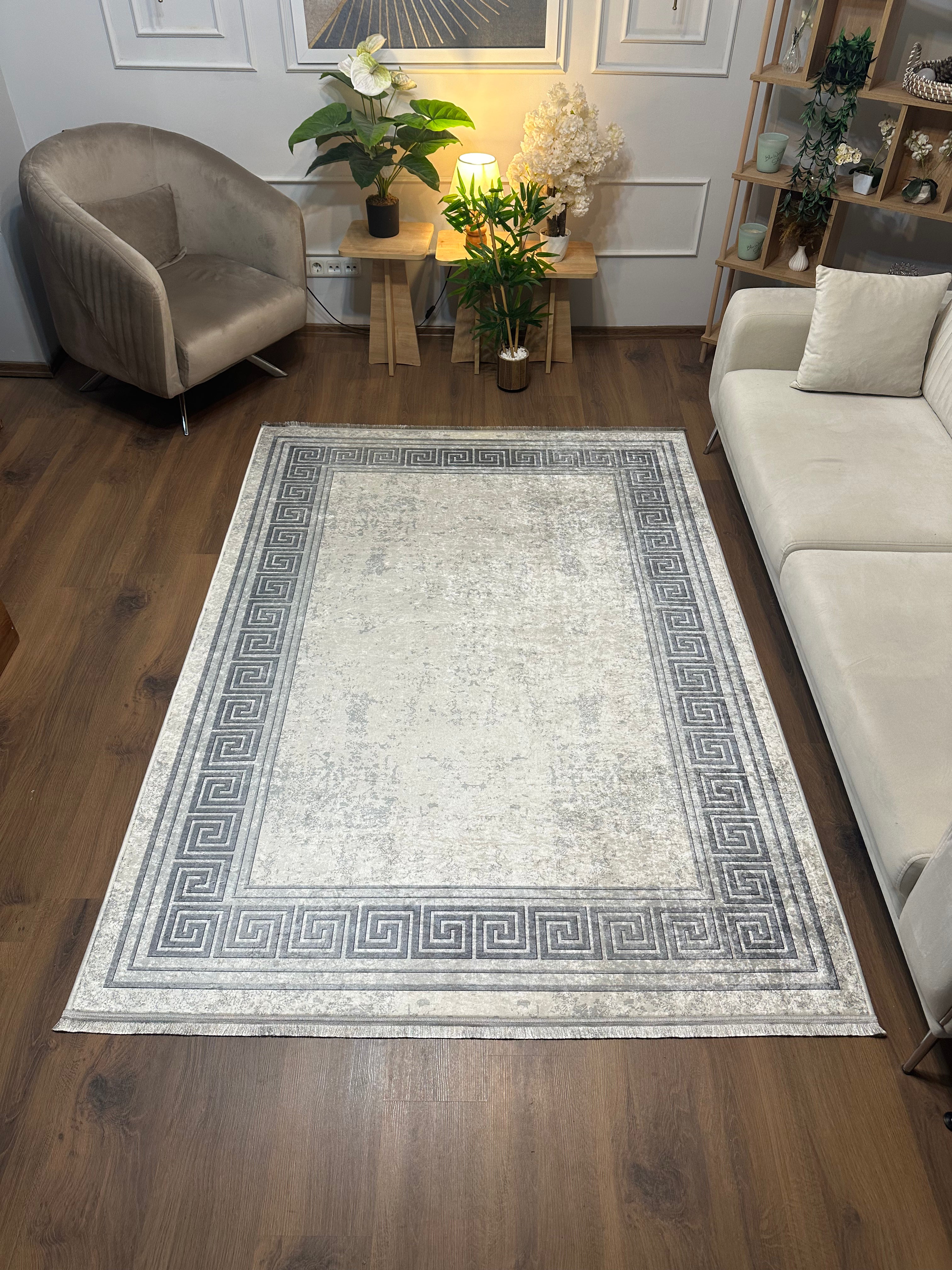 TAMPA GRİ - Kaymaz Deri Taban Makinede Yıkanabilir Salon Oturma Odası Mutfak Halısı