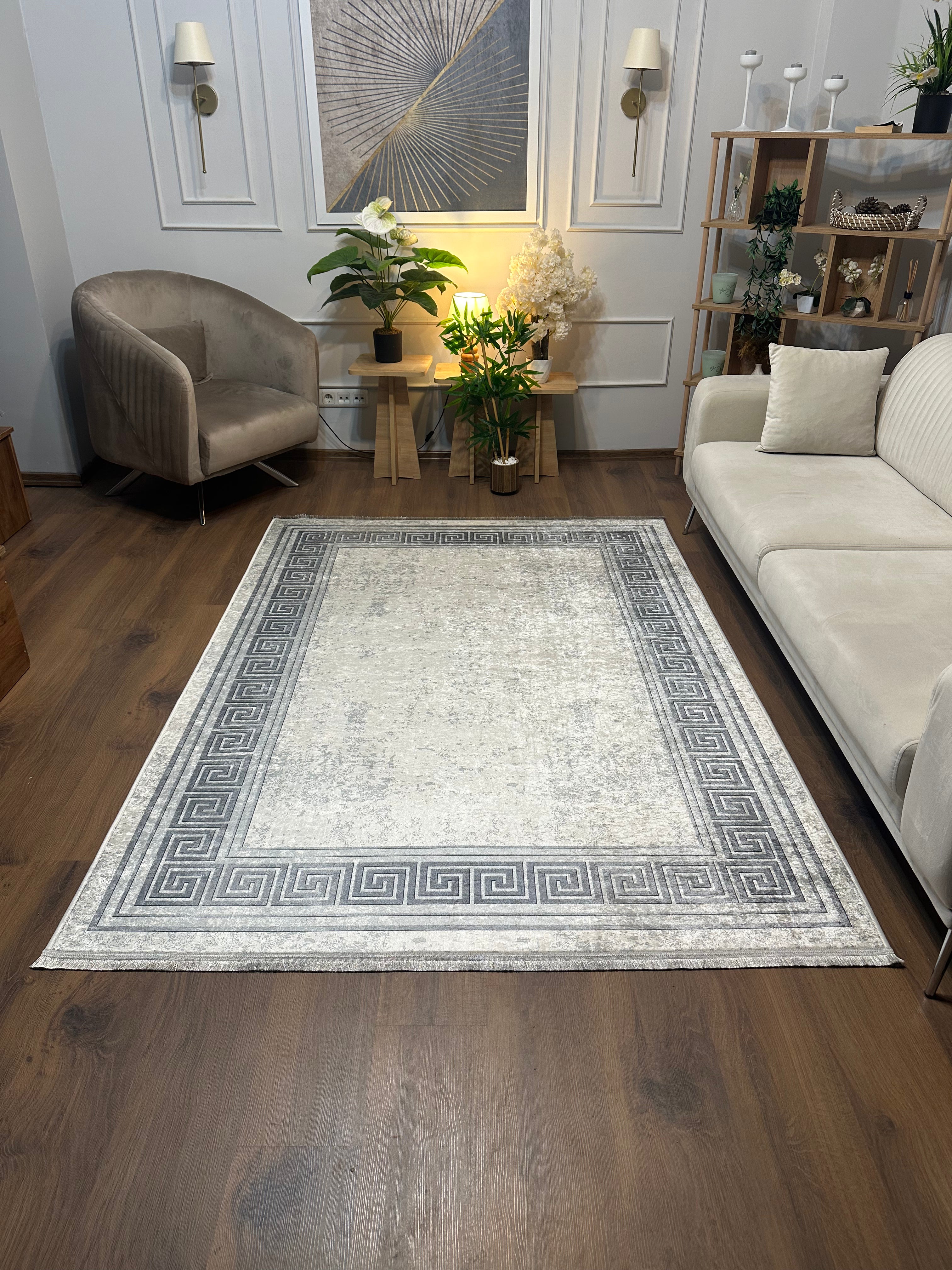 TAMPA GRİ - Kaymaz Deri Taban Makinede Yıkanabilir Salon Oturma Odası Mutfak Halısı
