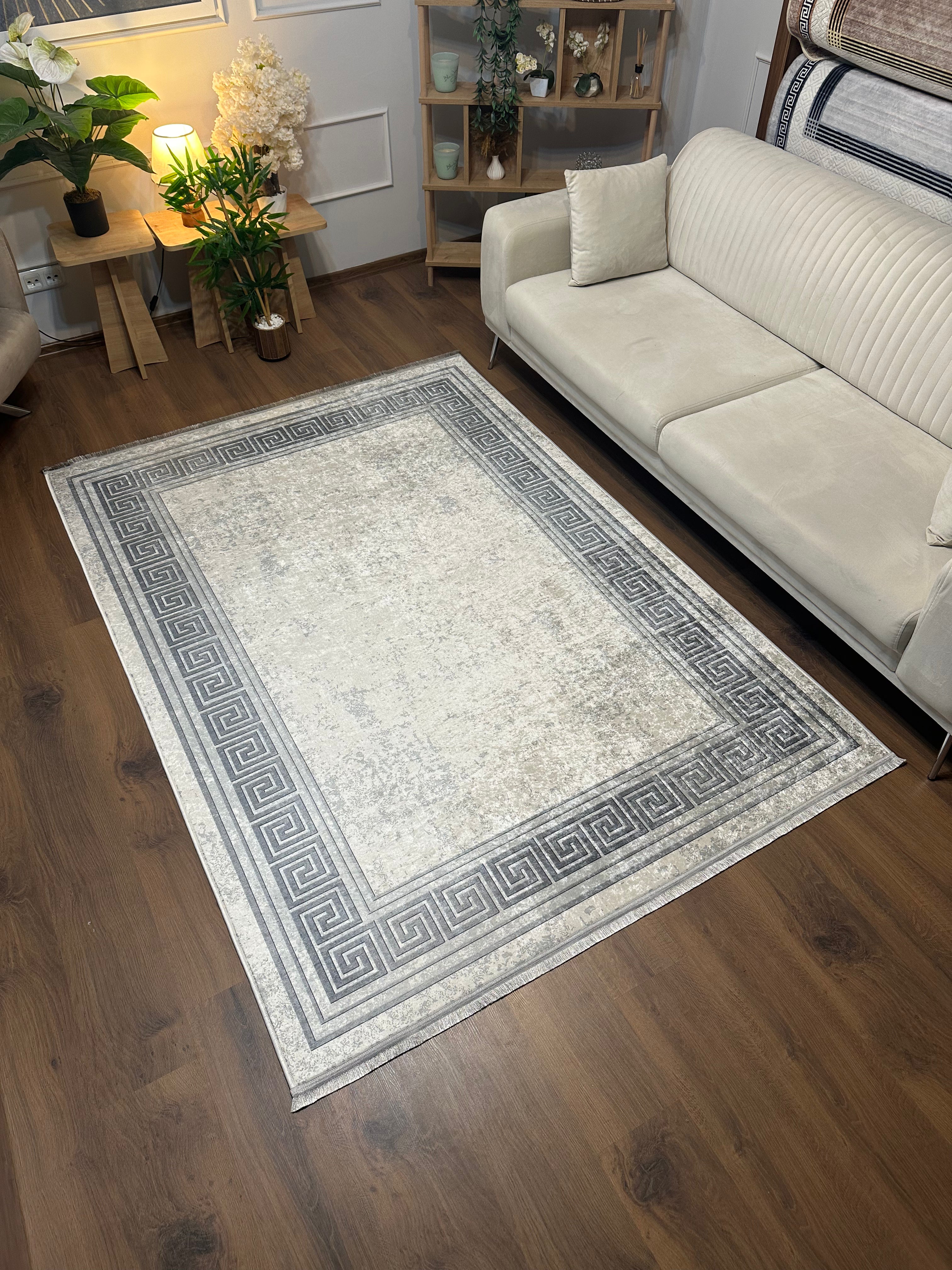 TAMPA GRİ - Kaymaz Deri Taban Makinede Yıkanabilir Salon Oturma Odası Mutfak Halısı