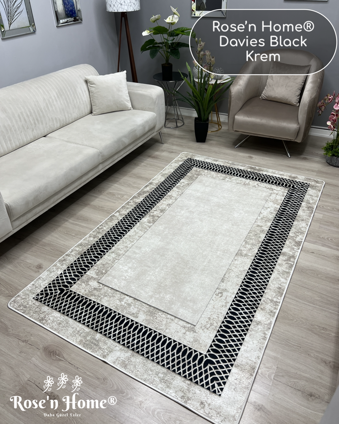 DAVİES BLACK KREM - Kaymaz Deri Taban Makinede Yıkanabilir Salon Oturma Odası Mutfak Halısı