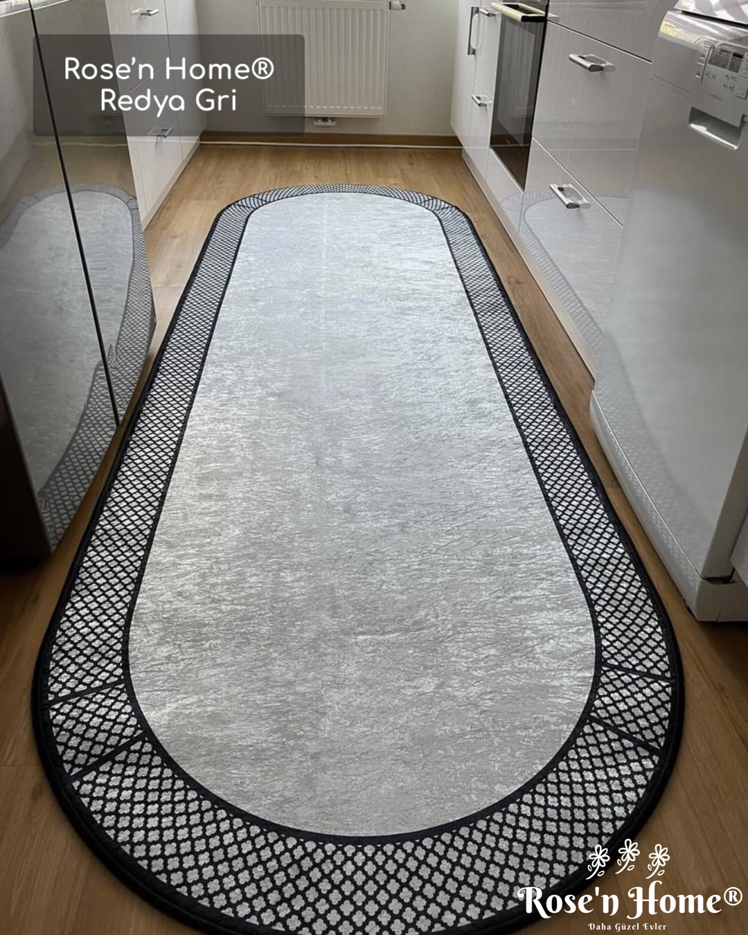 REDYA GRİ SİYAH - Kaymaz Deri Taban Makinede Yıkanabilir Salon Oturma Odası Mutfak Halısı